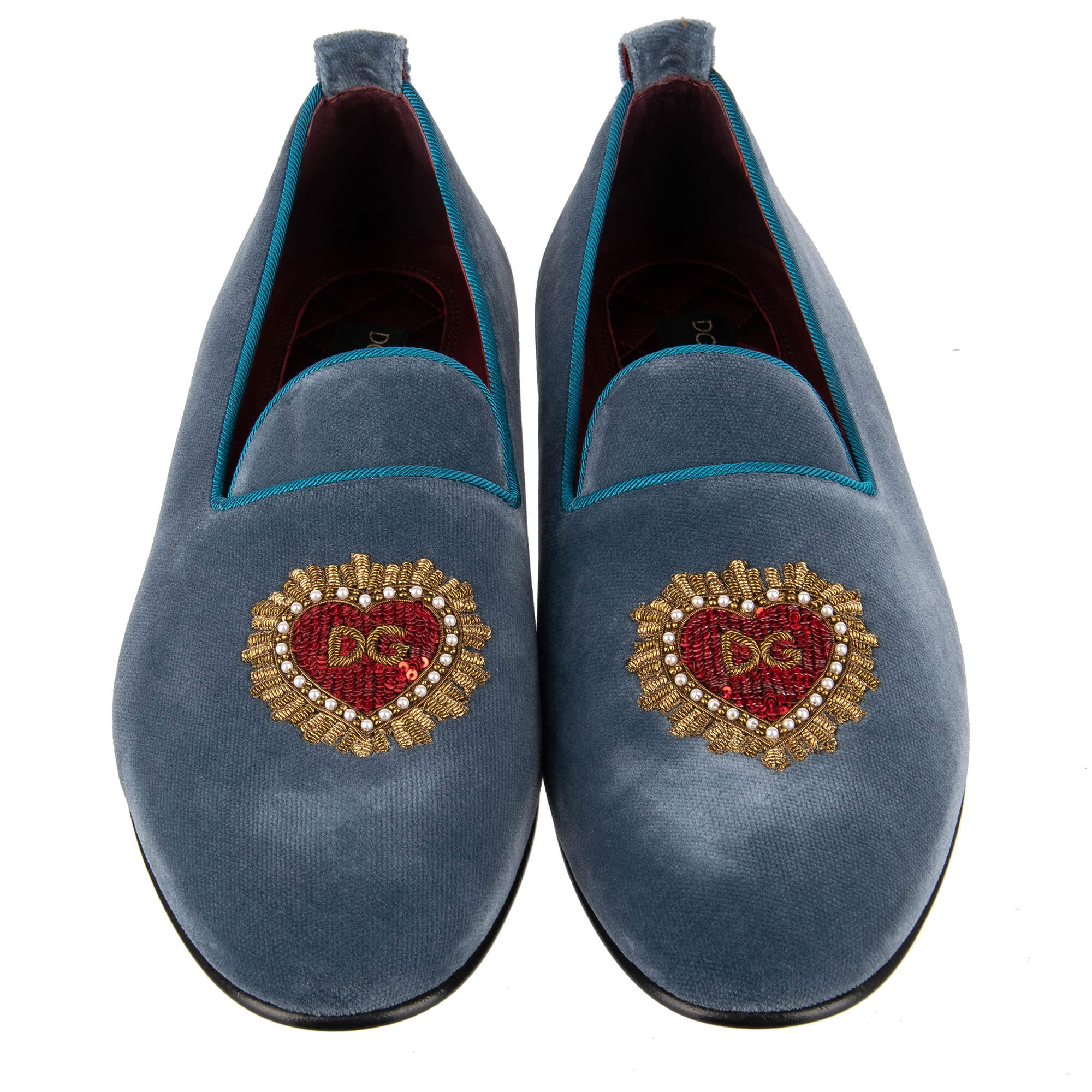 Velvet loafer shoes YOUNG POPE with sequins embroidered heart and DG logo in azure blue by DOLCE & GABBANA