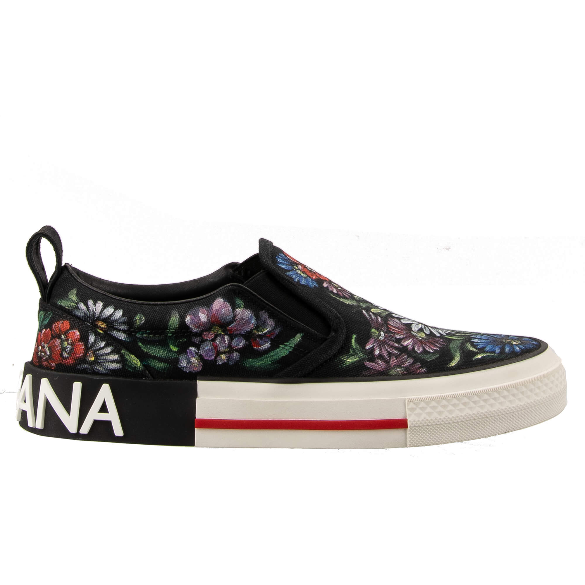 Handbemahlte Blumen Exklusive Damen Slip On Sneaker DONNA mit DG Logo in Schwarz und Weiß von DOLCE & GABBANA