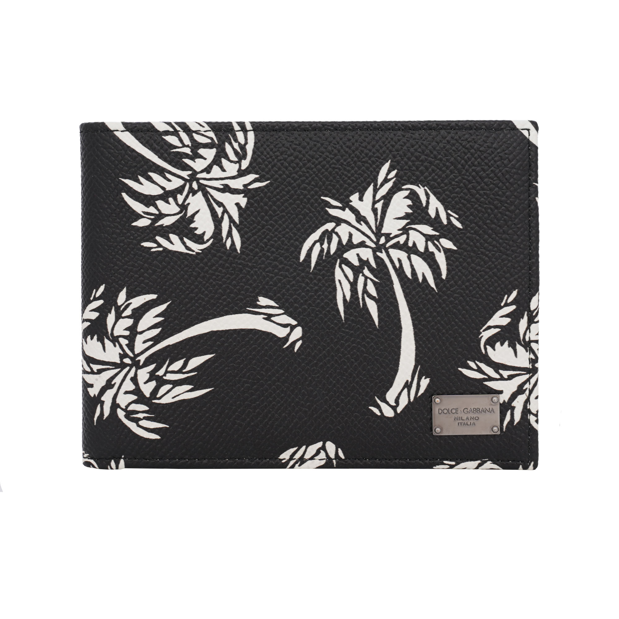 Palm tree printed Dauphine leather wallet with DG metal logo plate in black by DOLCE & GABBANA