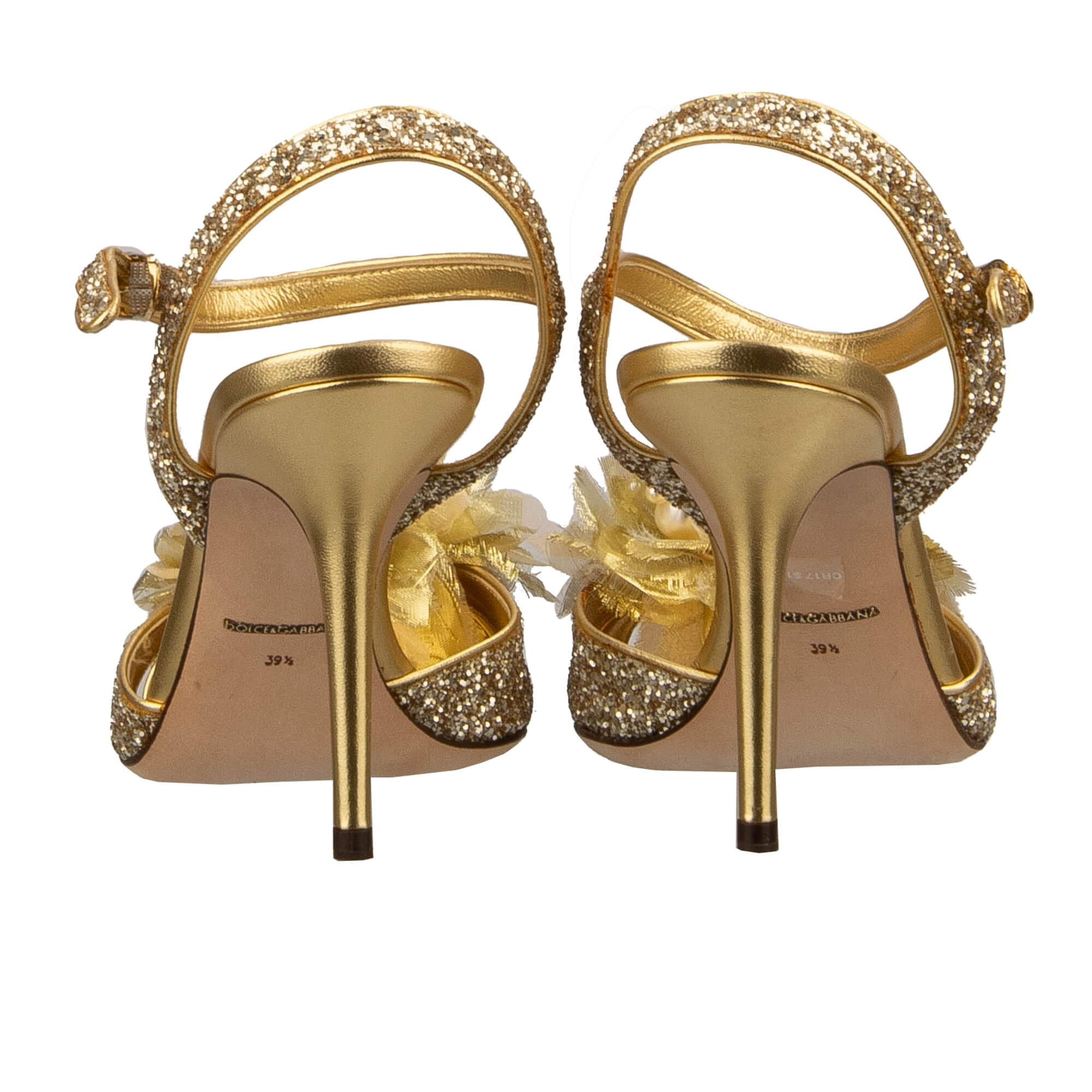 Glitzer Sandalen BIANCA mit Kristallen Perlen Blume Brosche in Gold von DOLCE & GABBANA 