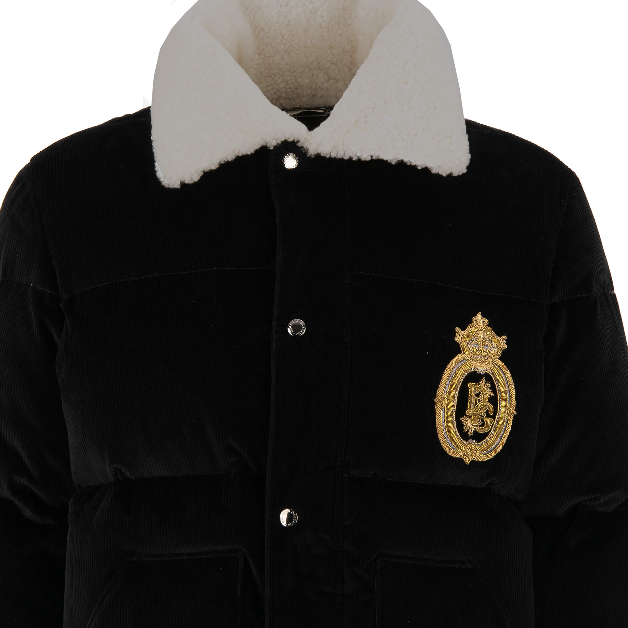 Gefütterte Daunenjacke aus Kord mit Kragen aus Pelz, Logo Krone Stickerei und Außentaschen von DOLCE & GABBANA 