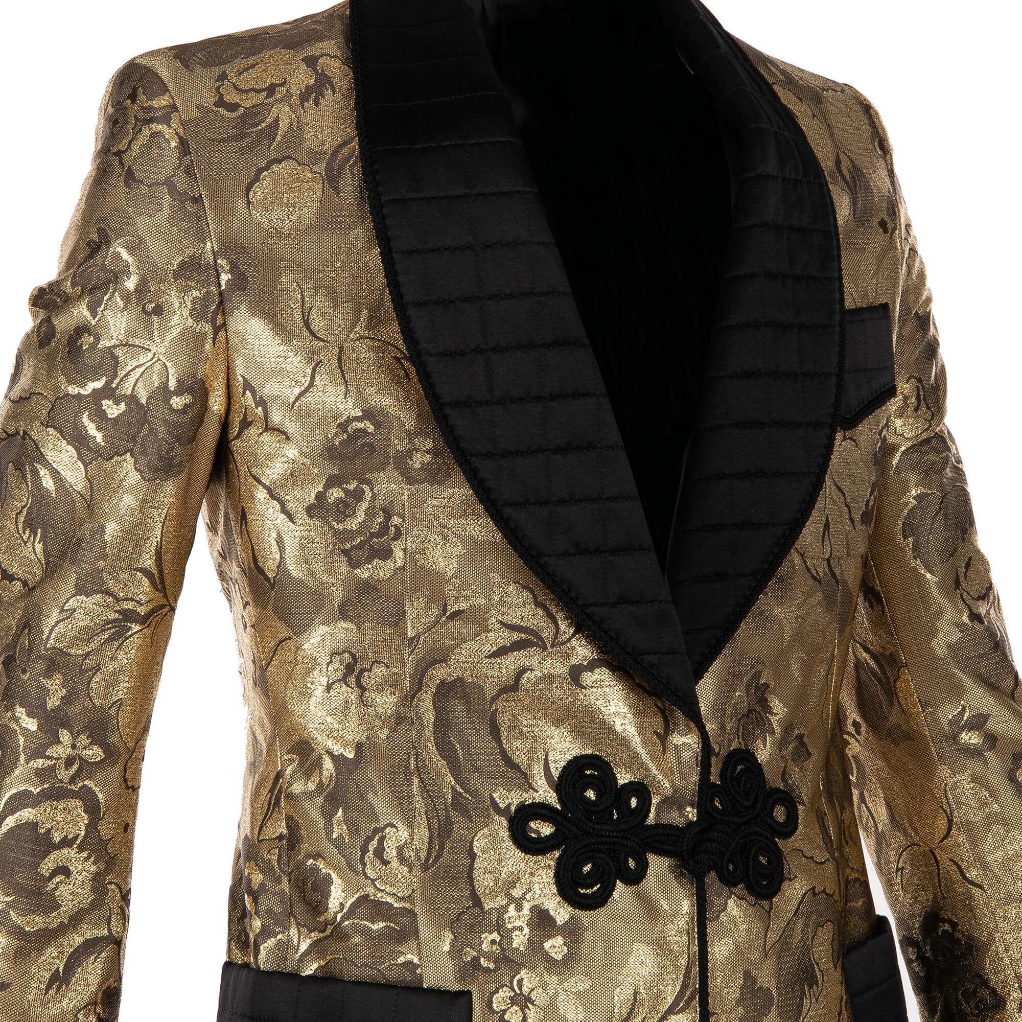 Floral Baroque Style lurex tuxedo / blazer in gold and black with rope fastening and contrast black quilted shawl lapel, cuffs and pockets by DOLCE & GABBANA