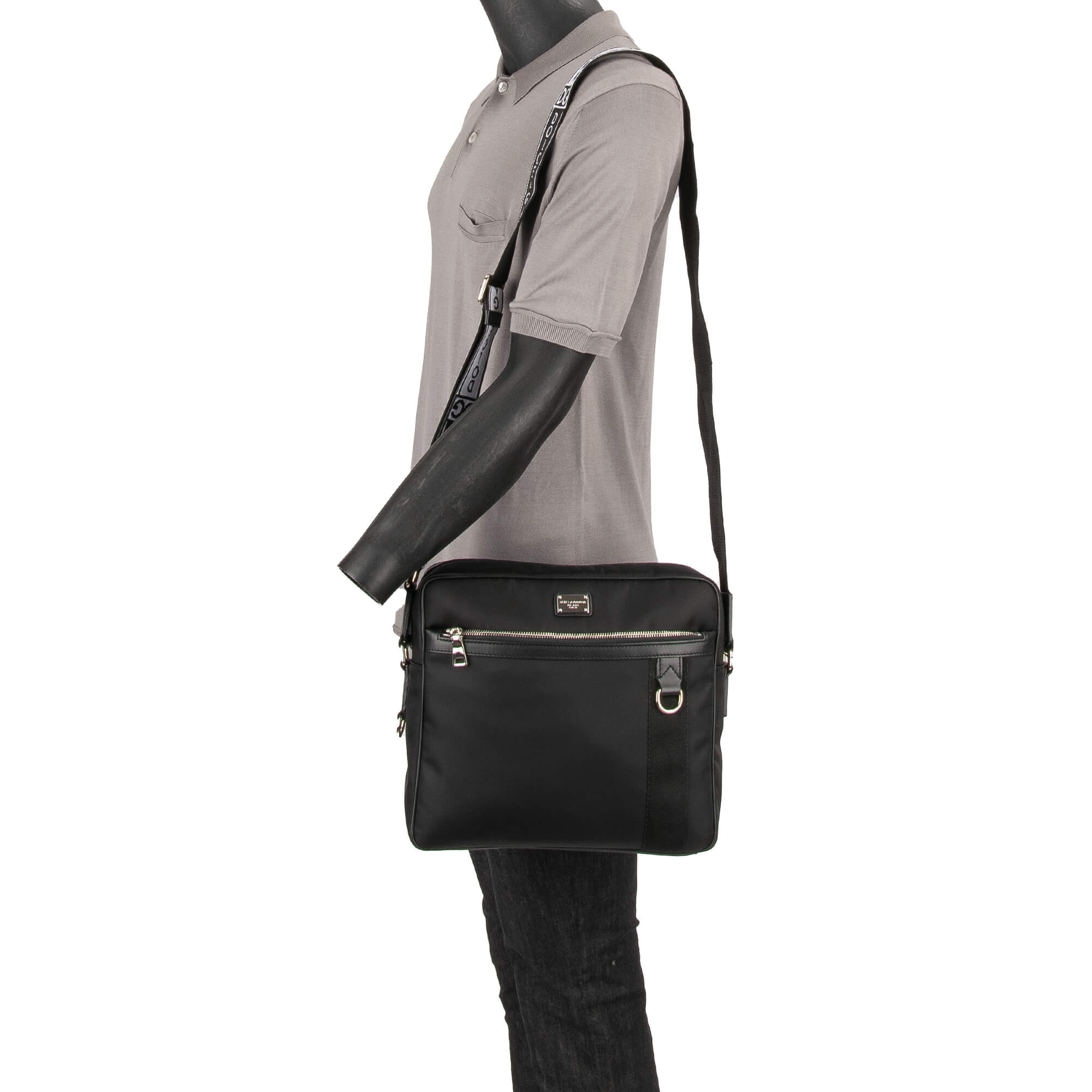 Nylon Crossbody Bag / Messenger Bag with leather details, logo printed strap, logo plate and pockets by DOLCE & GABBANA