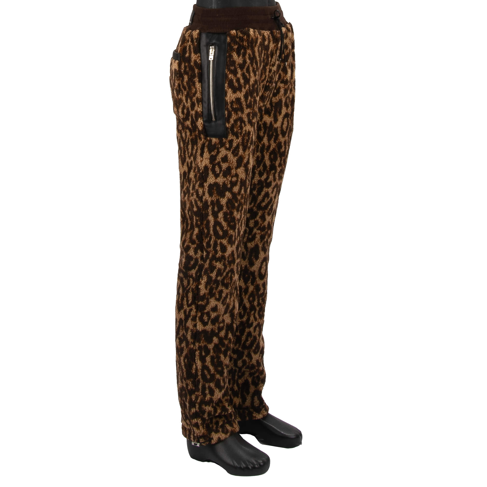 Printed Leopard Fleece Faux Fur Pants with Leather Applics Brown Black