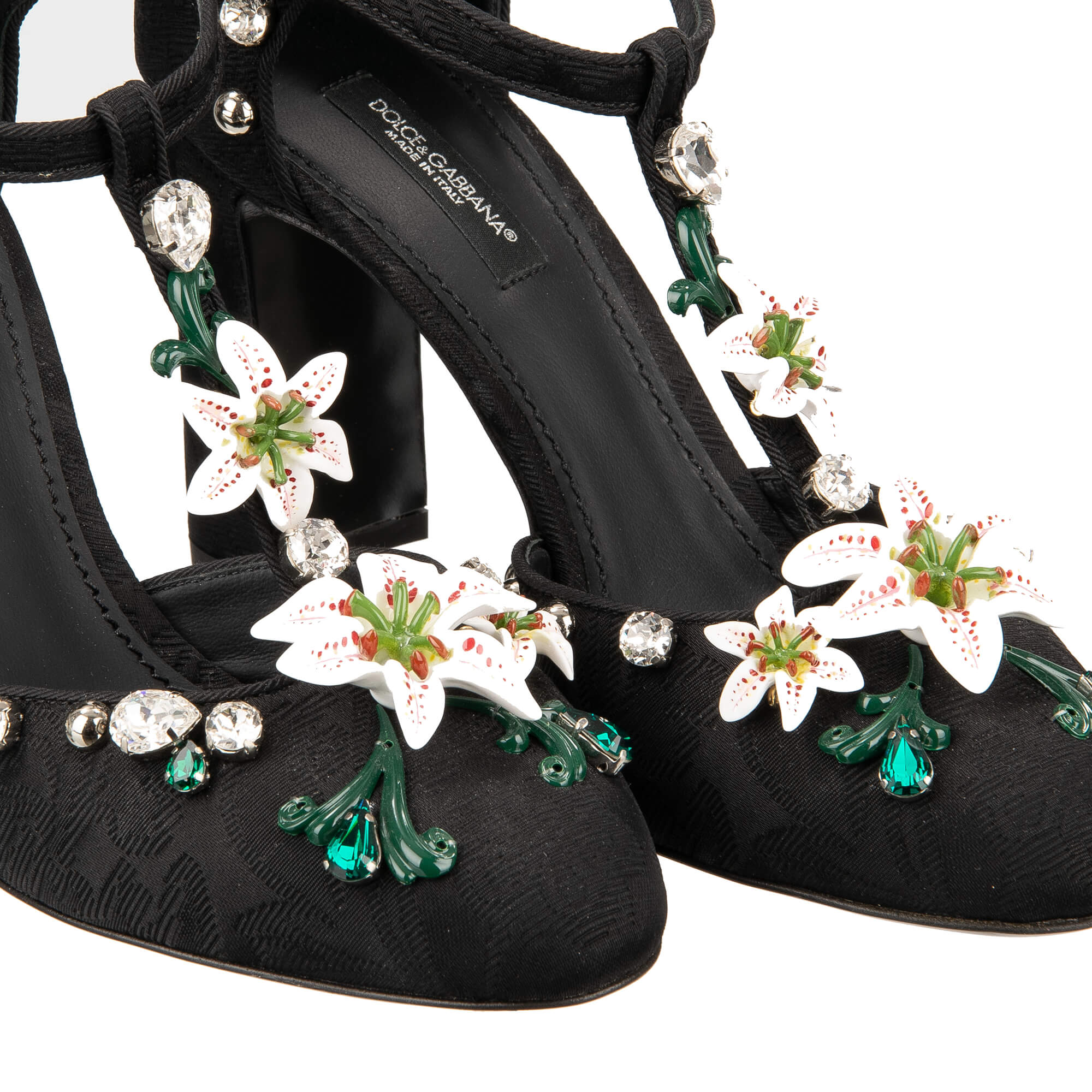 Brocade Ankle Strap Pumps VALLY in pink with hand painted lily flowers, crystals and pearls in black by DOLCE & GABBANA