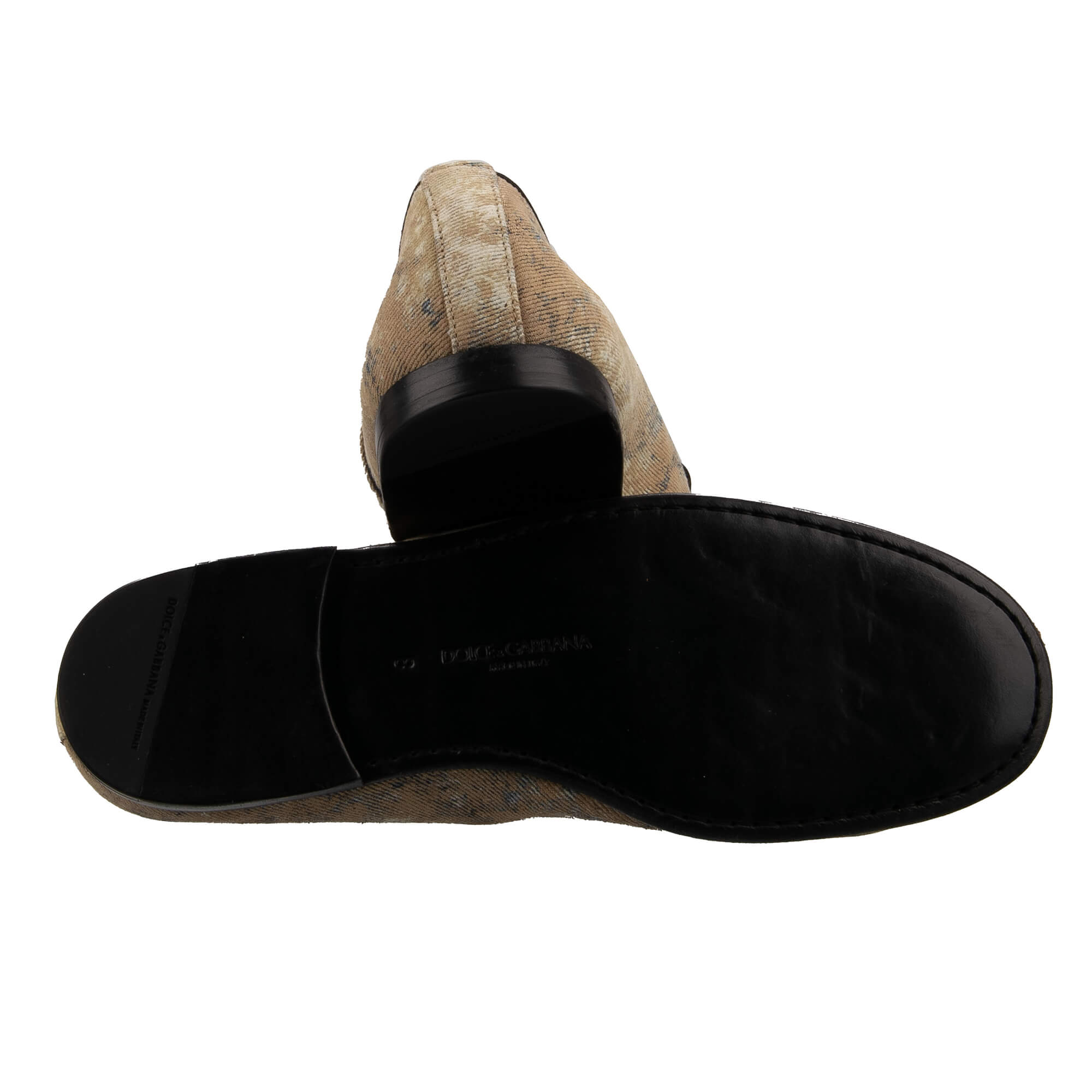One of a kind coated effect denim fabric moccasins shoes ERICE with DG Metal Logo Plate in beige by DOLCE & GABBANA