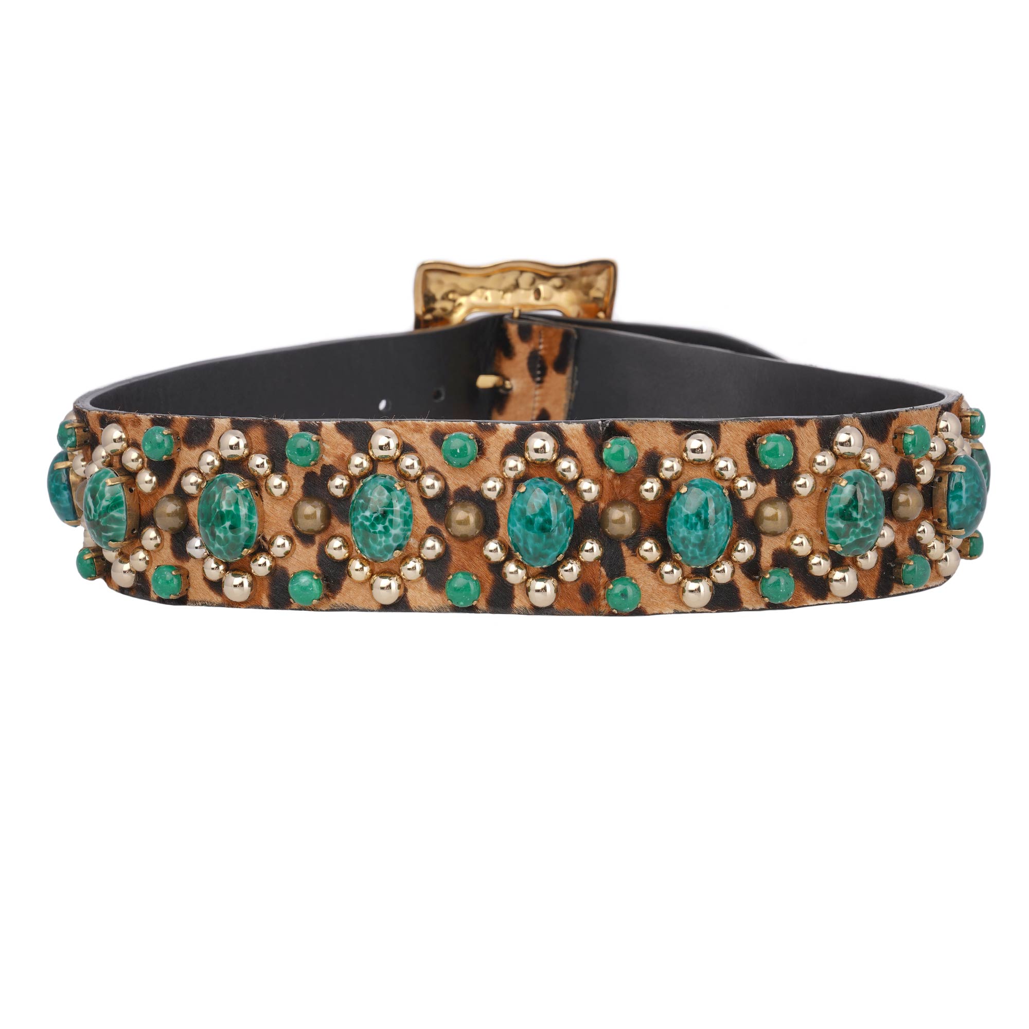 Gürtel aus Leopard Print Pelz und Leder mit Metall Perlen und Plastik Steinen in Braun, Schwarz und Gold von DOLCE & GABBANA 