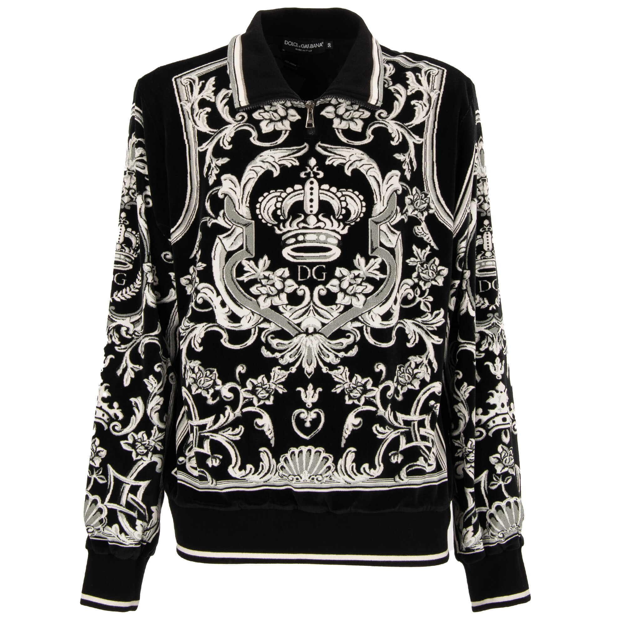 Velvet Sweater with DG Heraldry and Crown Print Black White