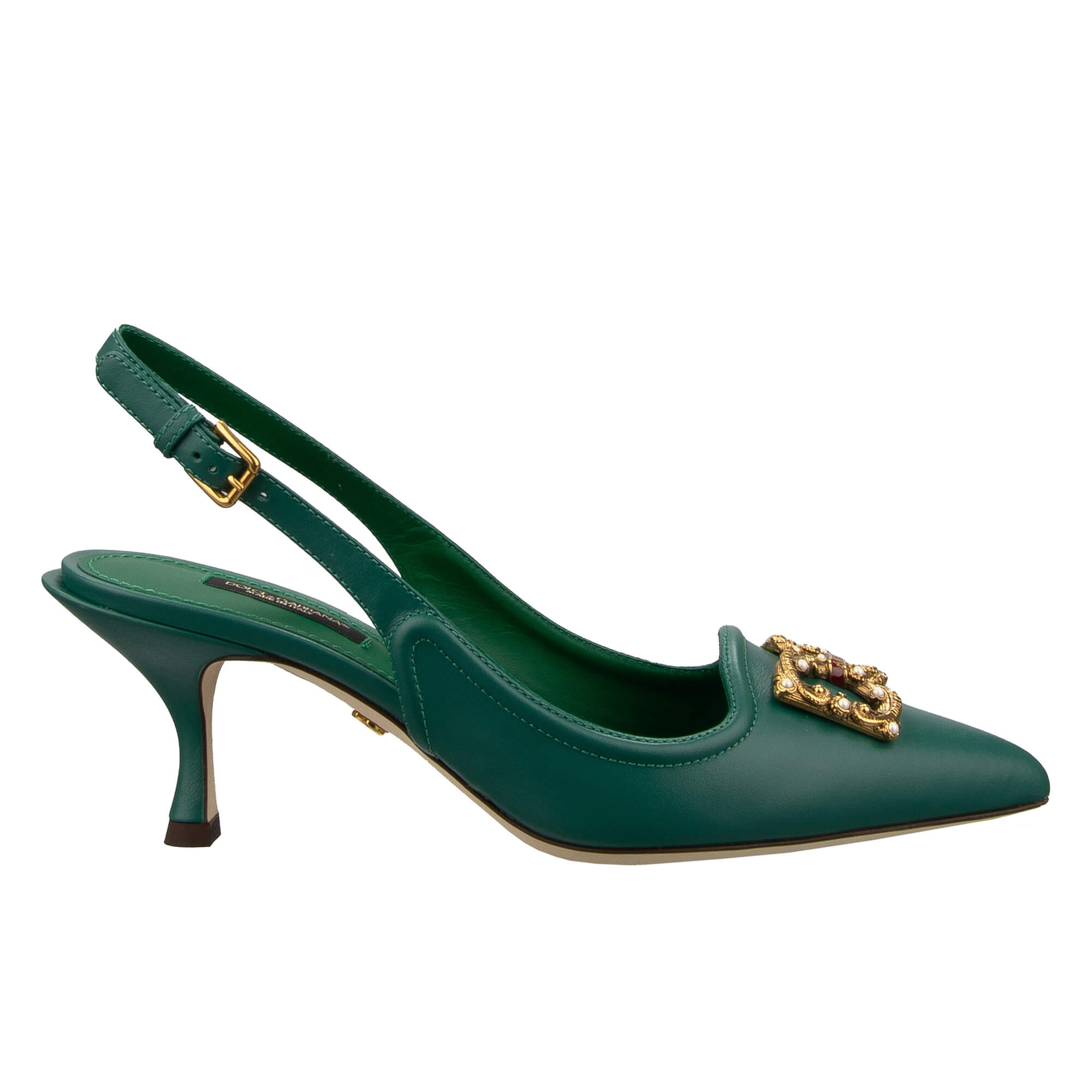 Pointed leather Slingbacks Pumps with DG Pearl Amore Logo in green by DOLCE & GABBANA