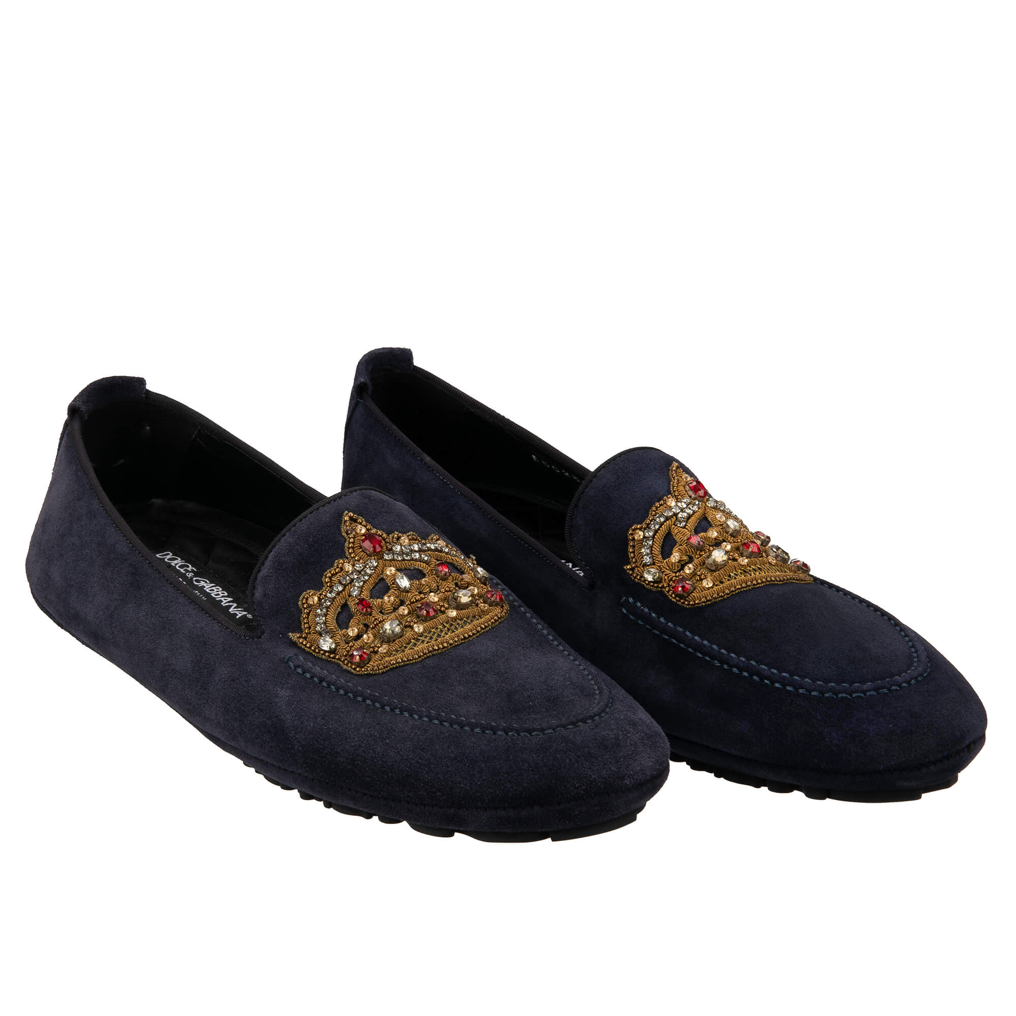 Crystal Gold Crown Suede Loafer Shoes KING DRIVER Blue