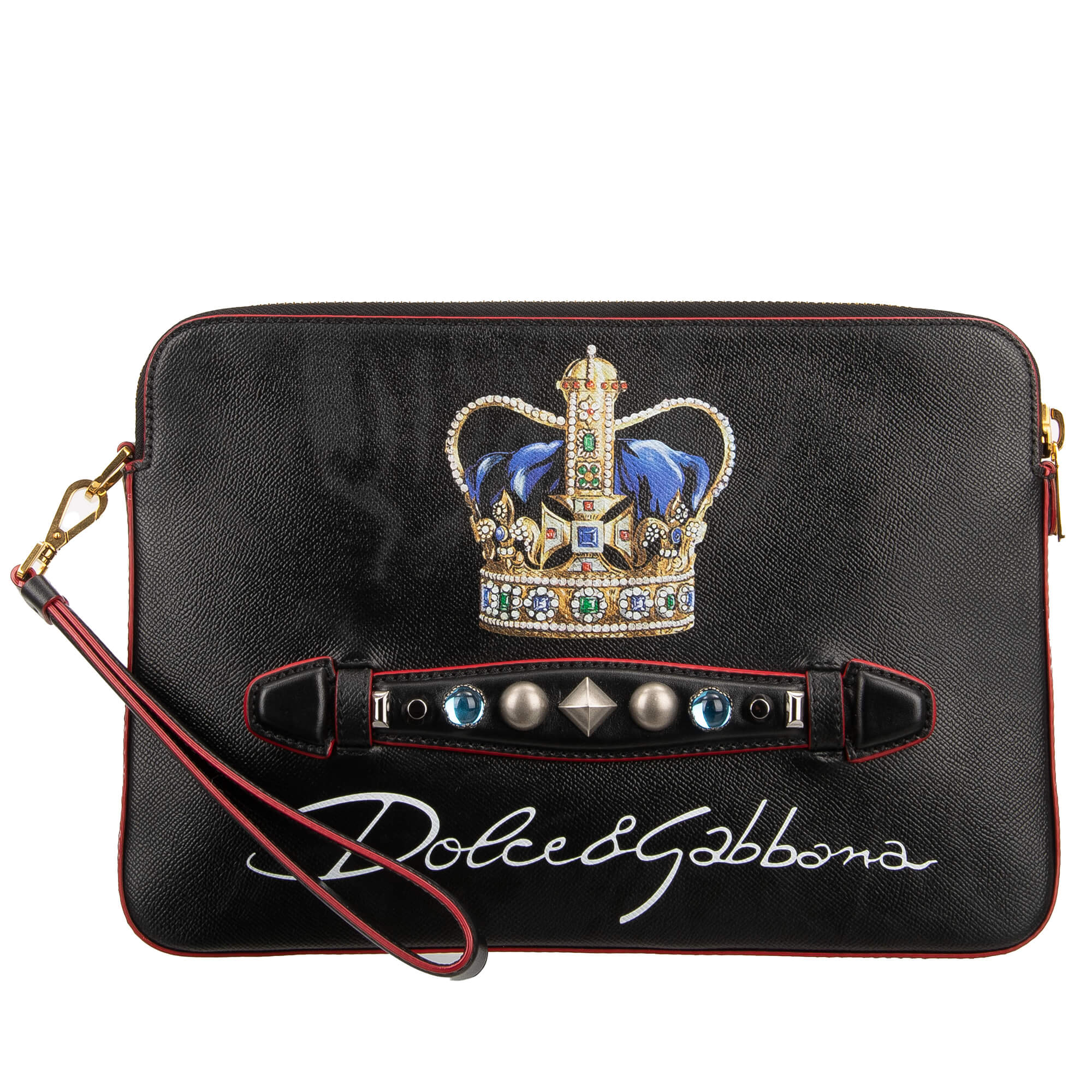 Studded Dauphine Leather Pouch Briefcase with Logo and Crown Print Black