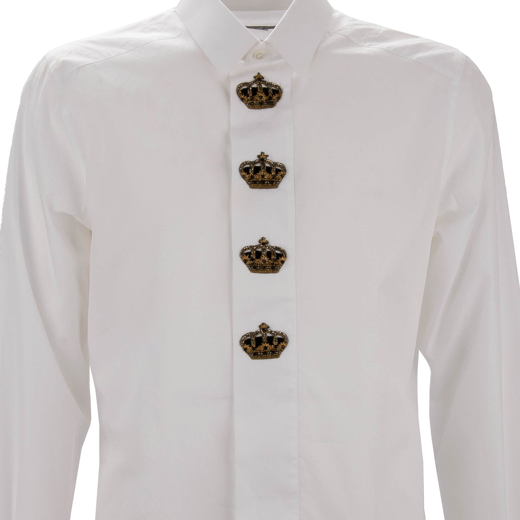Cotton shirt with baroque pearl, crystal embroidered crowns in white by DOLCE & GABBANA