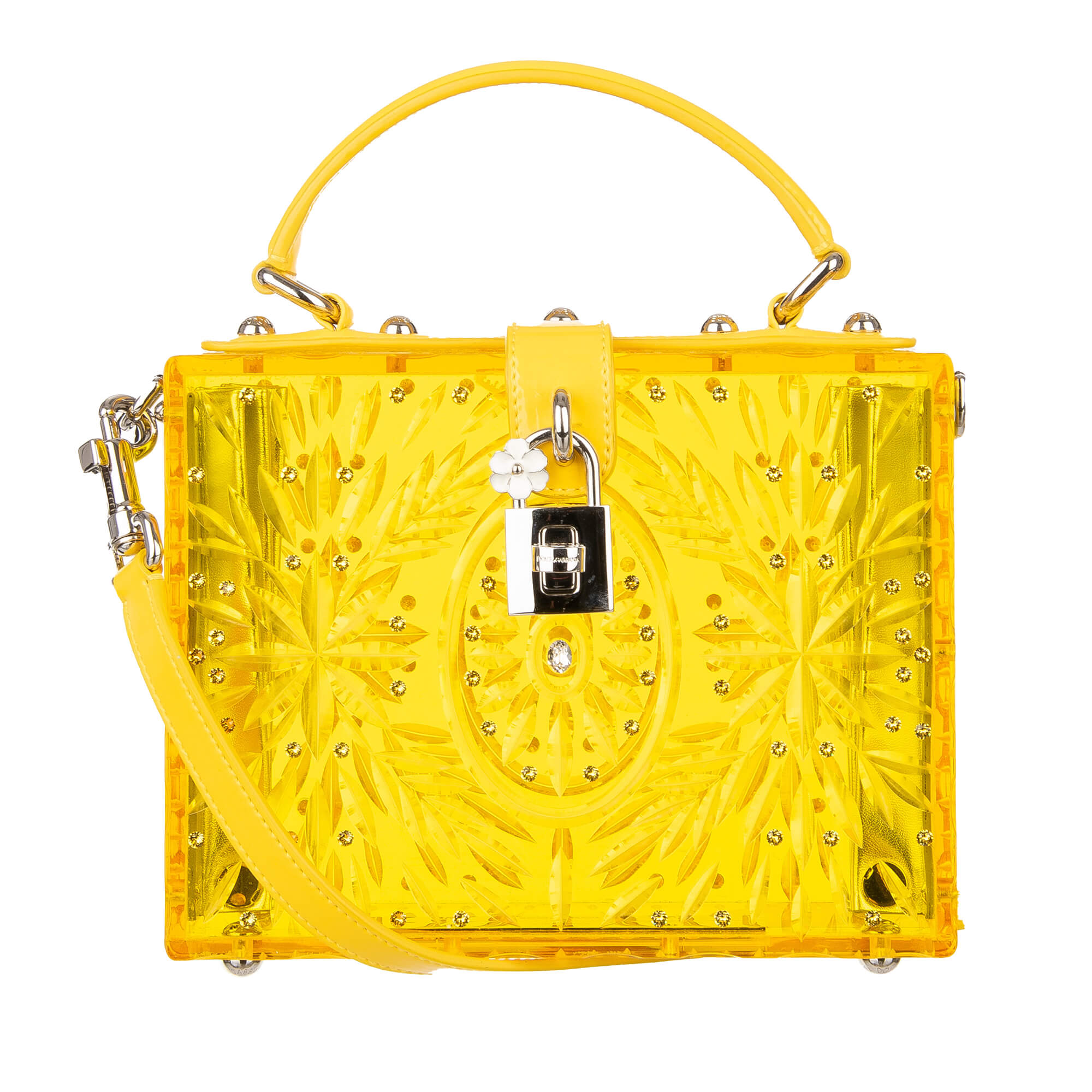 Crystals embellished transparent plexiglas bag / shoulder bag / clutch Cinderella DOLCE BOX with floral texture and decorative padlock with flower by DOLCE & GABBANA