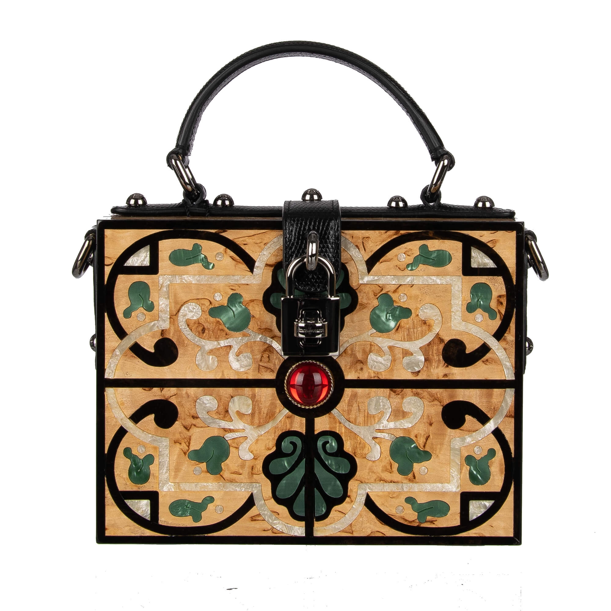 Einzigartige handgemachte und bemalte Tasche / Clutch / Schultertasche DOLCE BOX aus Holz mit dekorativem Schloss. großen Kristallen und Schulterriemen mit Eidechse Textur von DOLCE & GABBANA