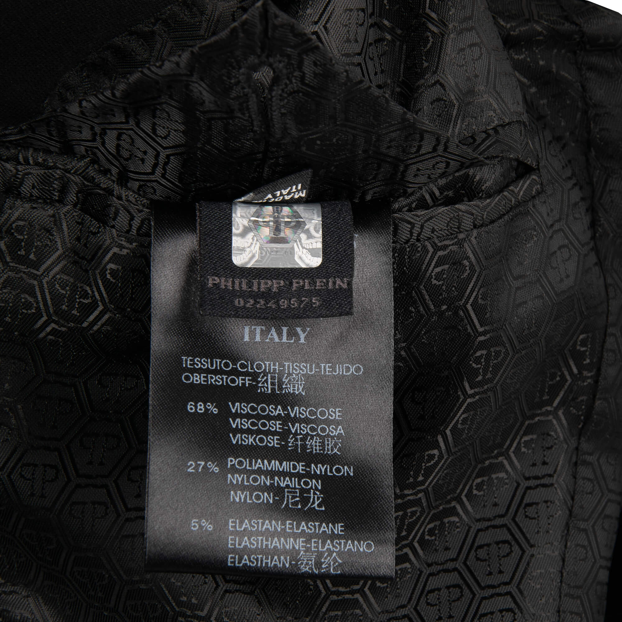 Jacket / Blazer SUE made of woven fabric and imitation leather with skull texture and large crystals skull at the back by PHILIPP PLEIN