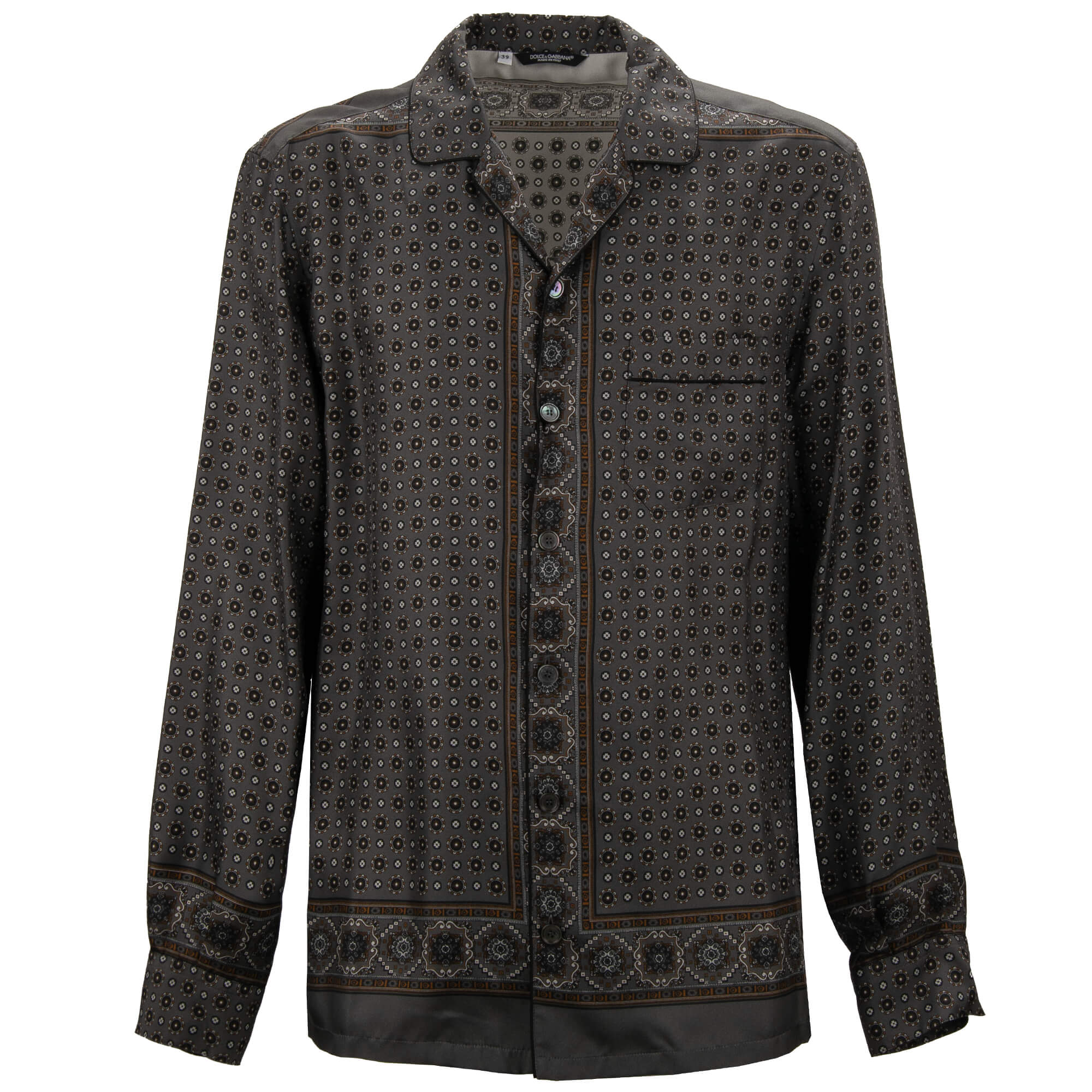 Floral Geometric Print Wide Fit Silk Shirt Gray