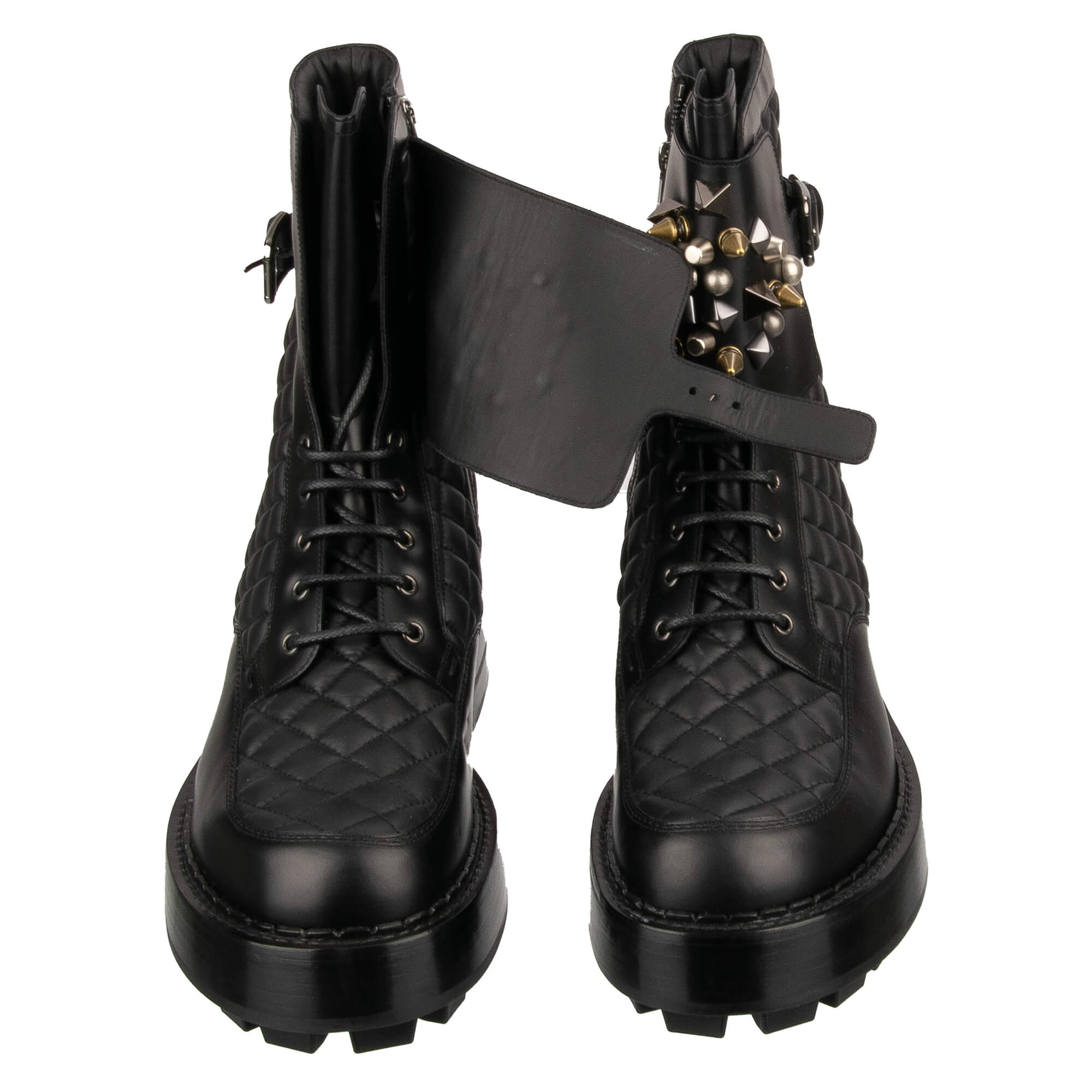 Plateau Top Track Combat / Biker Stiefel aus gestepptem Leder mit Nieten, Logo und Reißverschluss in Schwarz von DOLCE & GABBANA