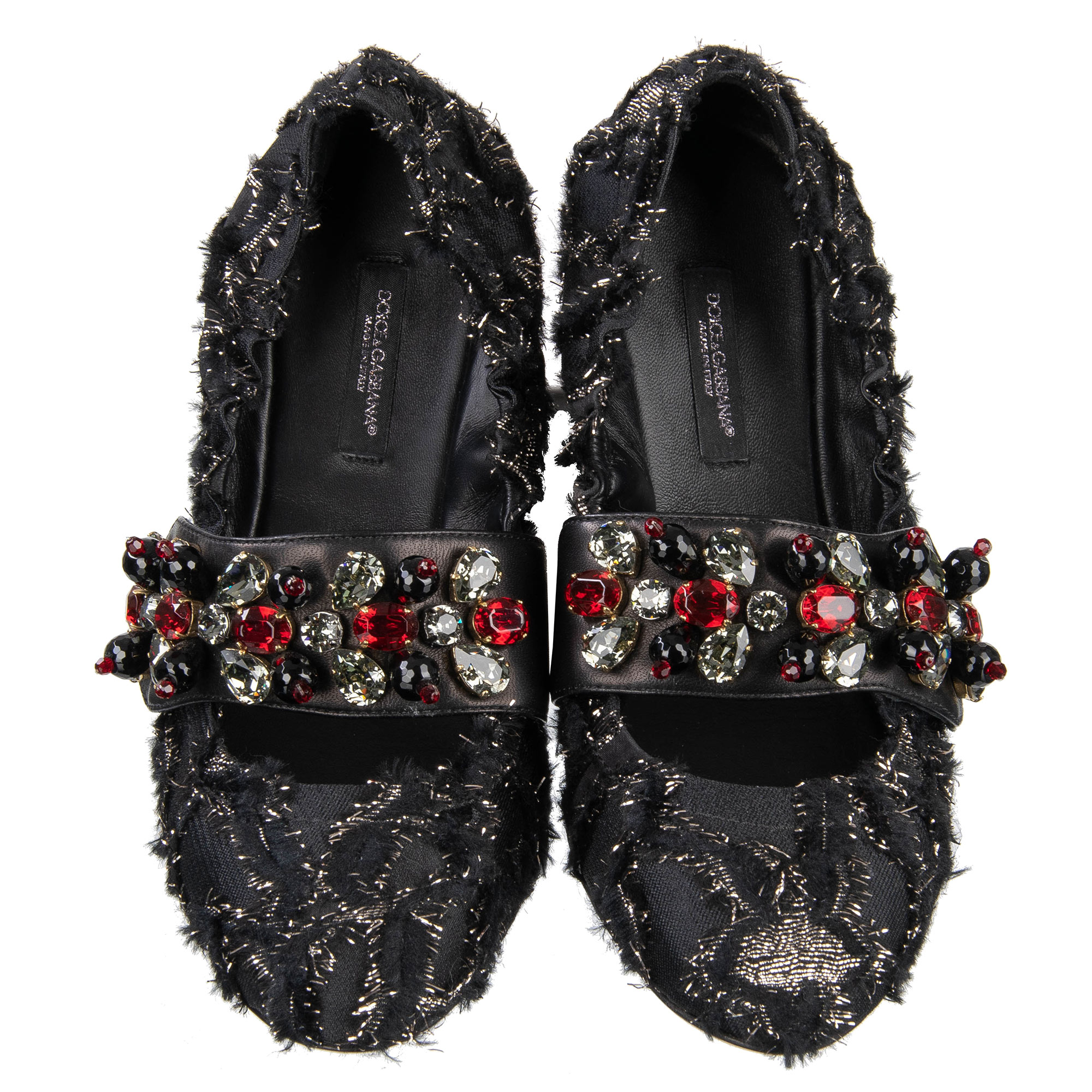 Jacquard Crystal Brooch Strap Ballet Flats VALLY Black Red