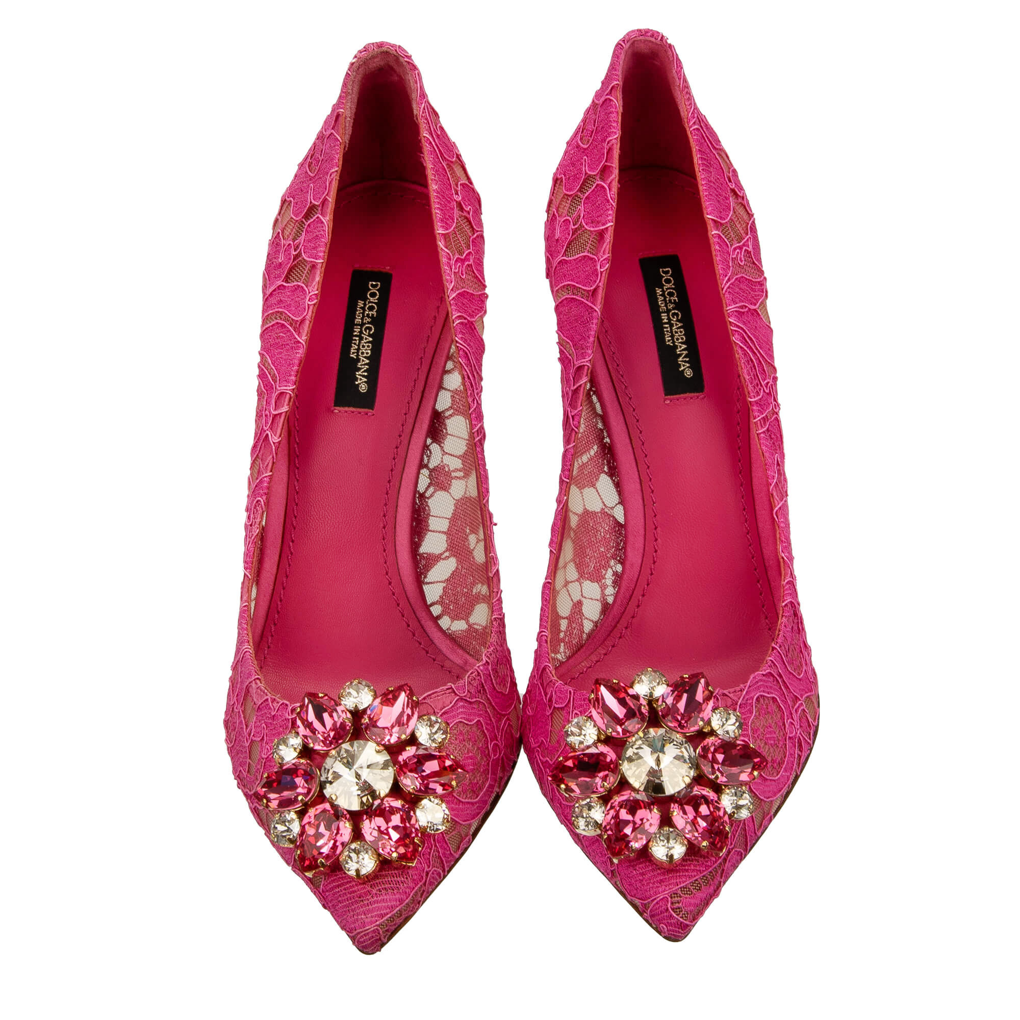 Spitzform Pumps BELLUCCI mit Kristallen Brosche aus Taormina Spitze in Pink von DOLCE & GABBANA