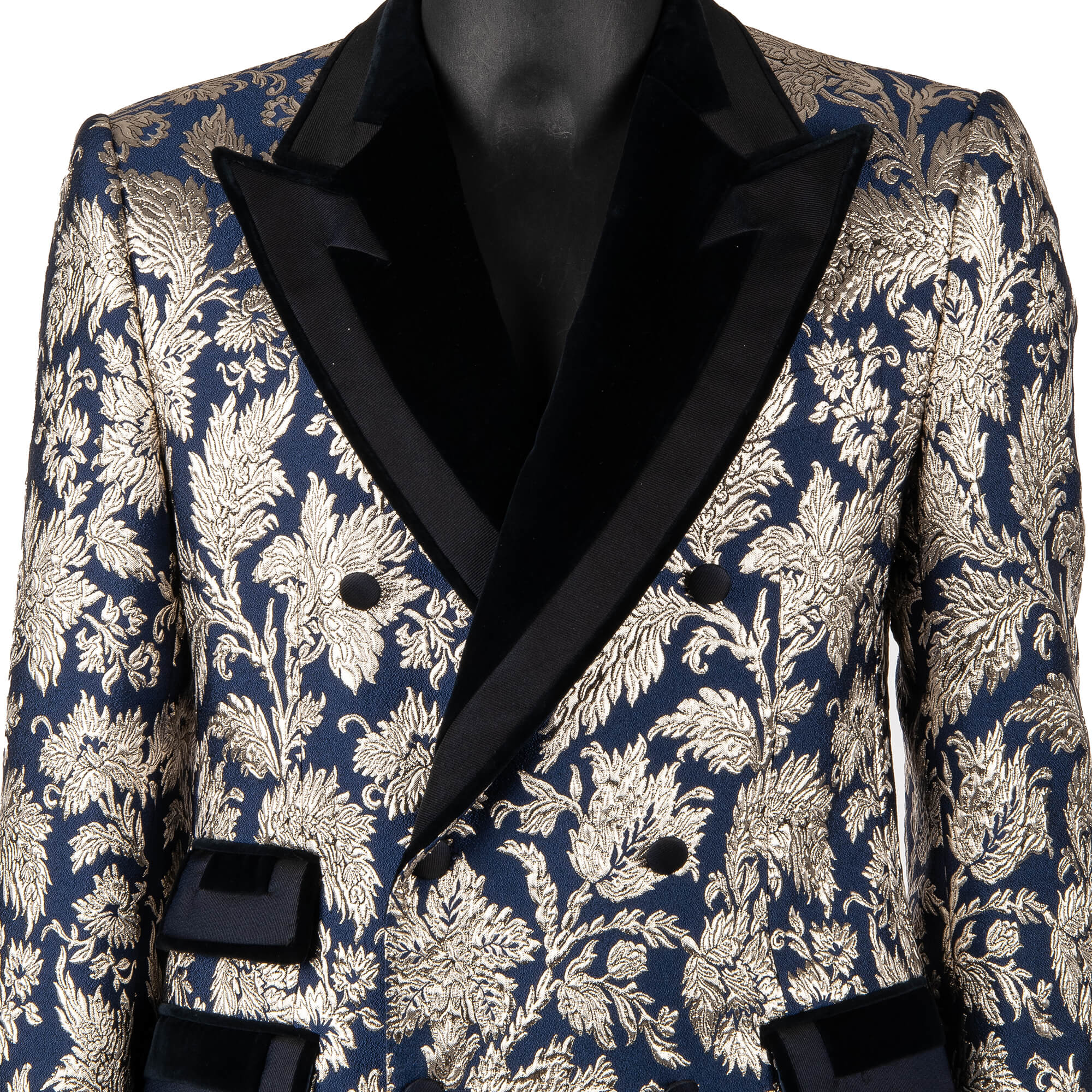 Anzug aus Blumen Jacquard mit spitzem Revers in Blau und Silber von DOLCE & GABBANA 