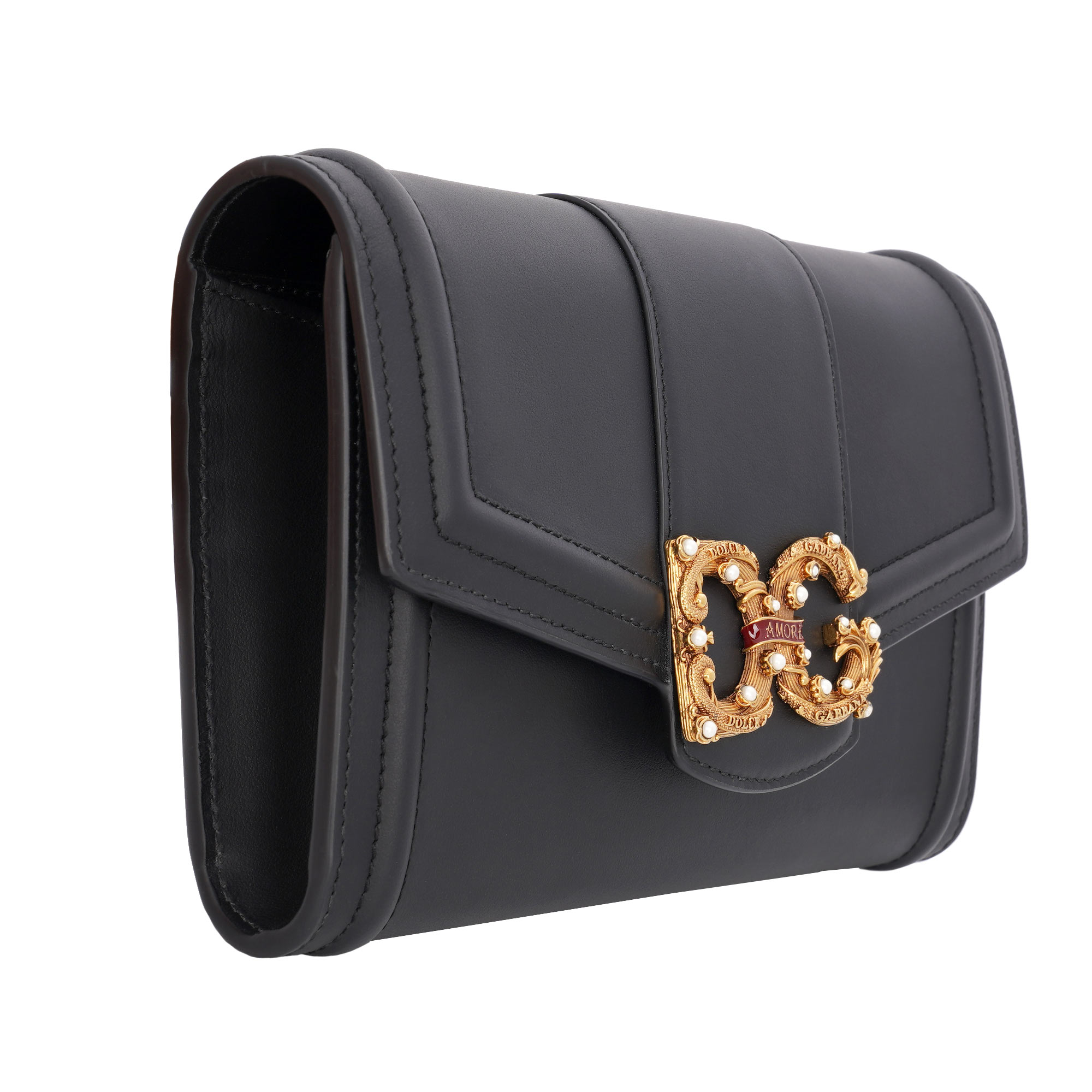 Crossbody Bag / Clutch / Wallet DG AMORE made of calf leather with DG vintage brass fastening embellished with pearls and enameled scroll and with structured metal chain strap by DOLCE & GABBANA