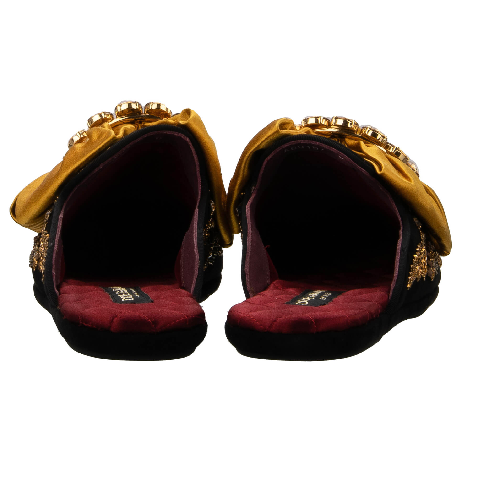 Suede leather slipper shoes MARCELLO with crystal brooch silk bow and pearl crystal embroidery in black and gold by DOLCE & GABBANA