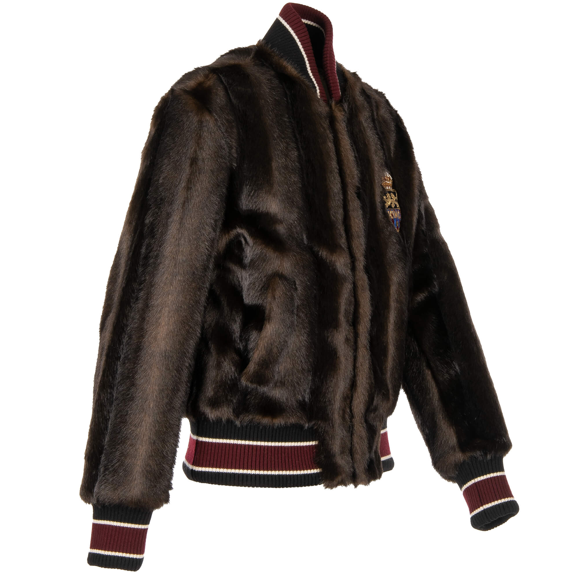 Stuffed Fake Fur bomber jacket with King and Crown embroidery in front and knit details by DOLCE & GABBANA