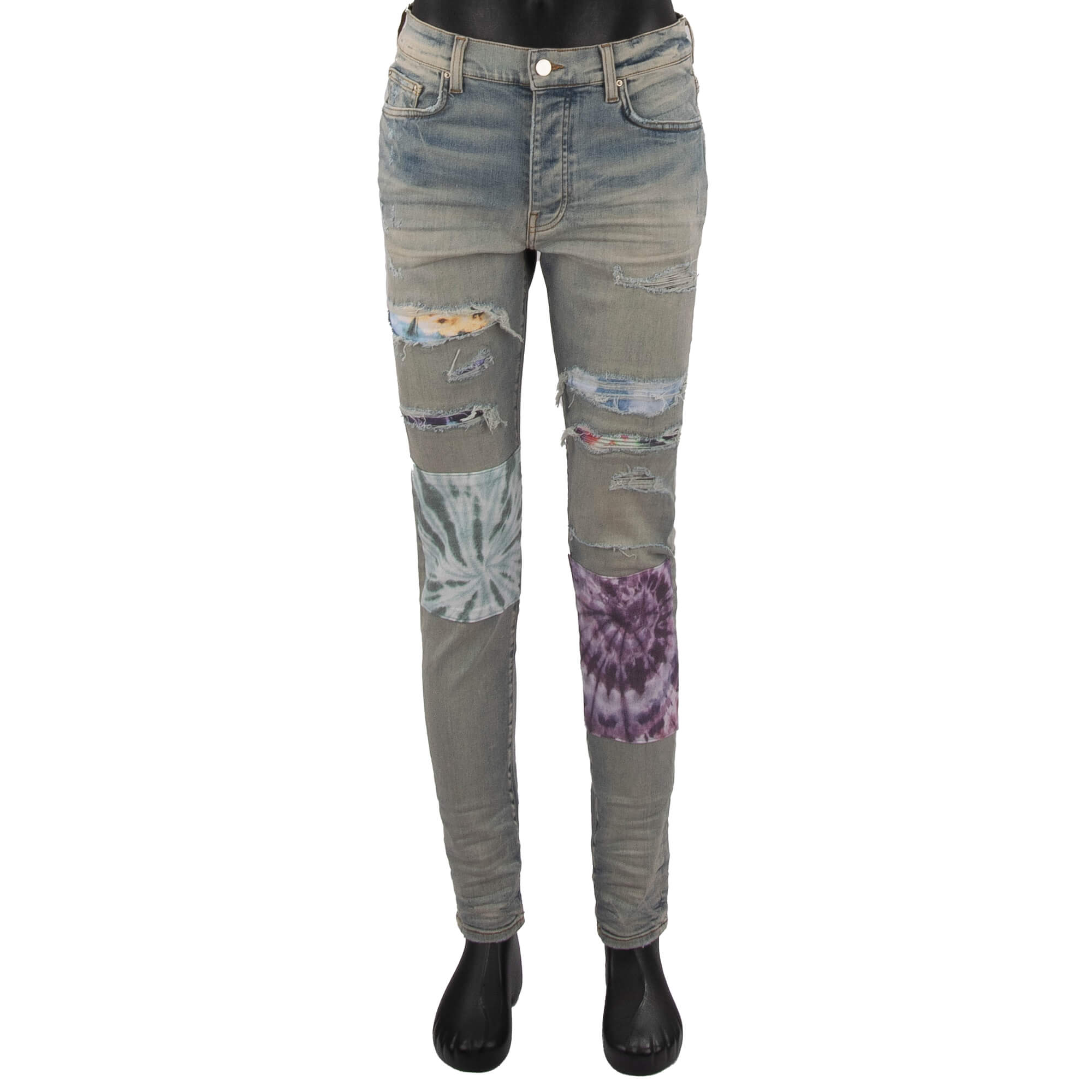 Tie Dye Art Patch Skinny Jeans with Patchwork Applications Indigo Blue 33 M