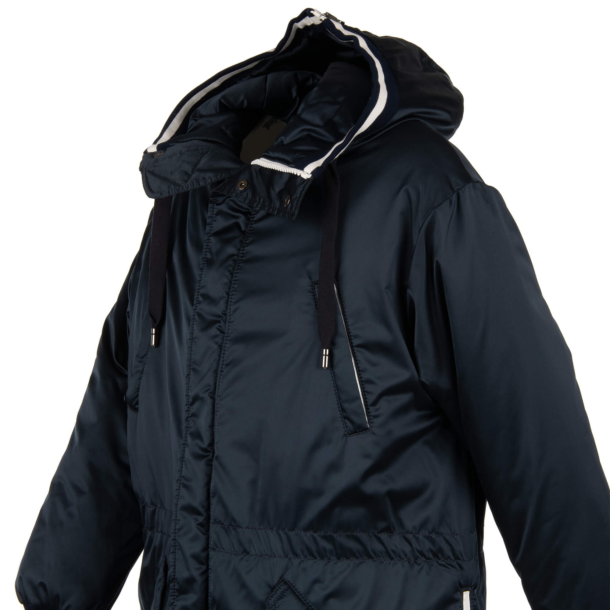Lange, gefütterte Parka Jacke mit Kapuze, Außentachen, großem DG Logo und Krone Print am Rücken und Strick-Details von DOLCE & GABBANA