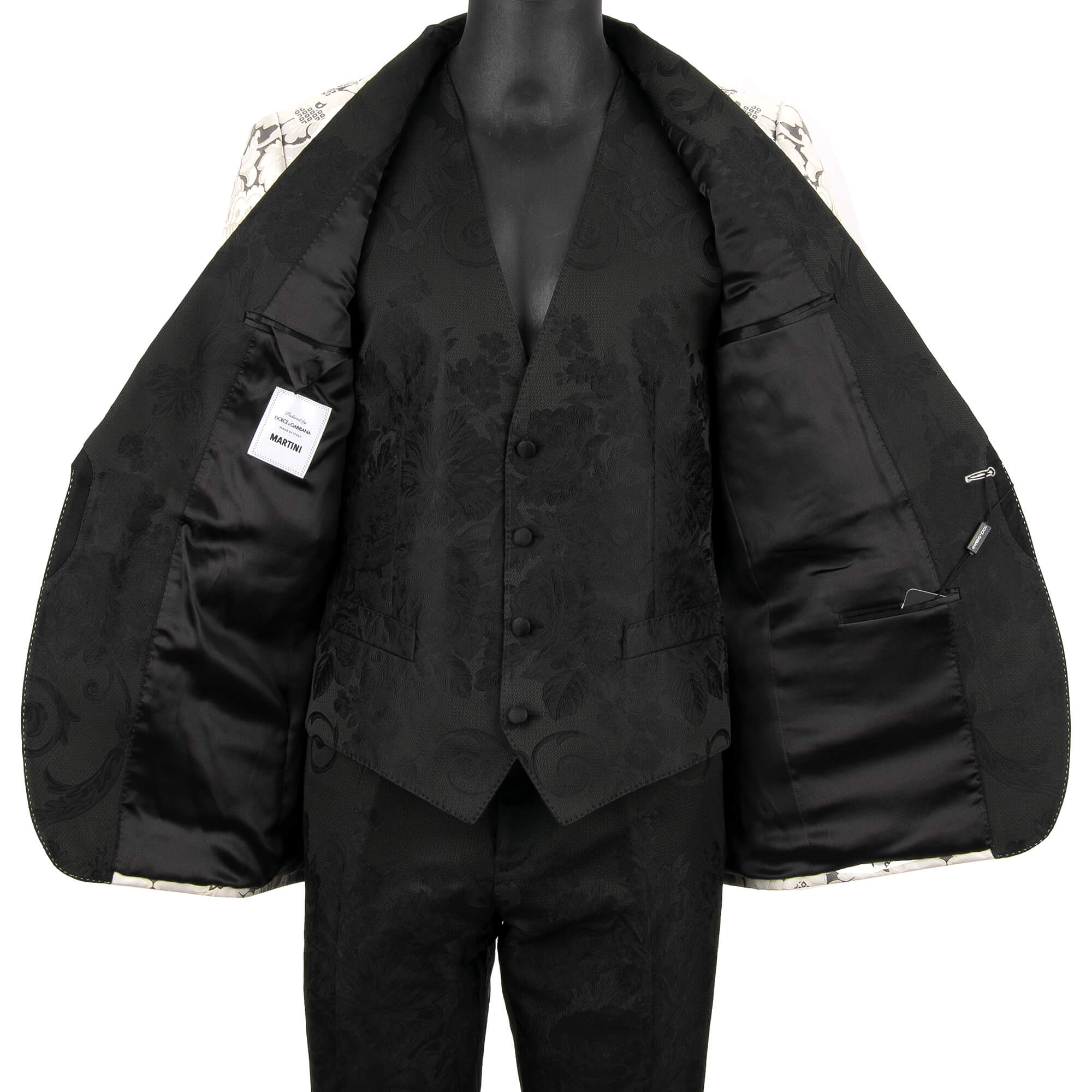 Baroque jacquard 3 piece suit, jacket, waistcoat, pants with shawl lapel in white and black by DOLCE & GABBANA 