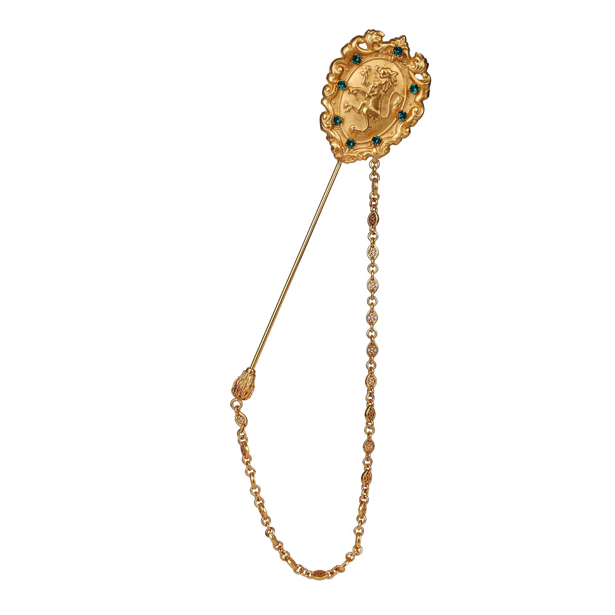 Löwe Wappen Kette Brosche Anstecknadel mit Kristallen Grün Gold