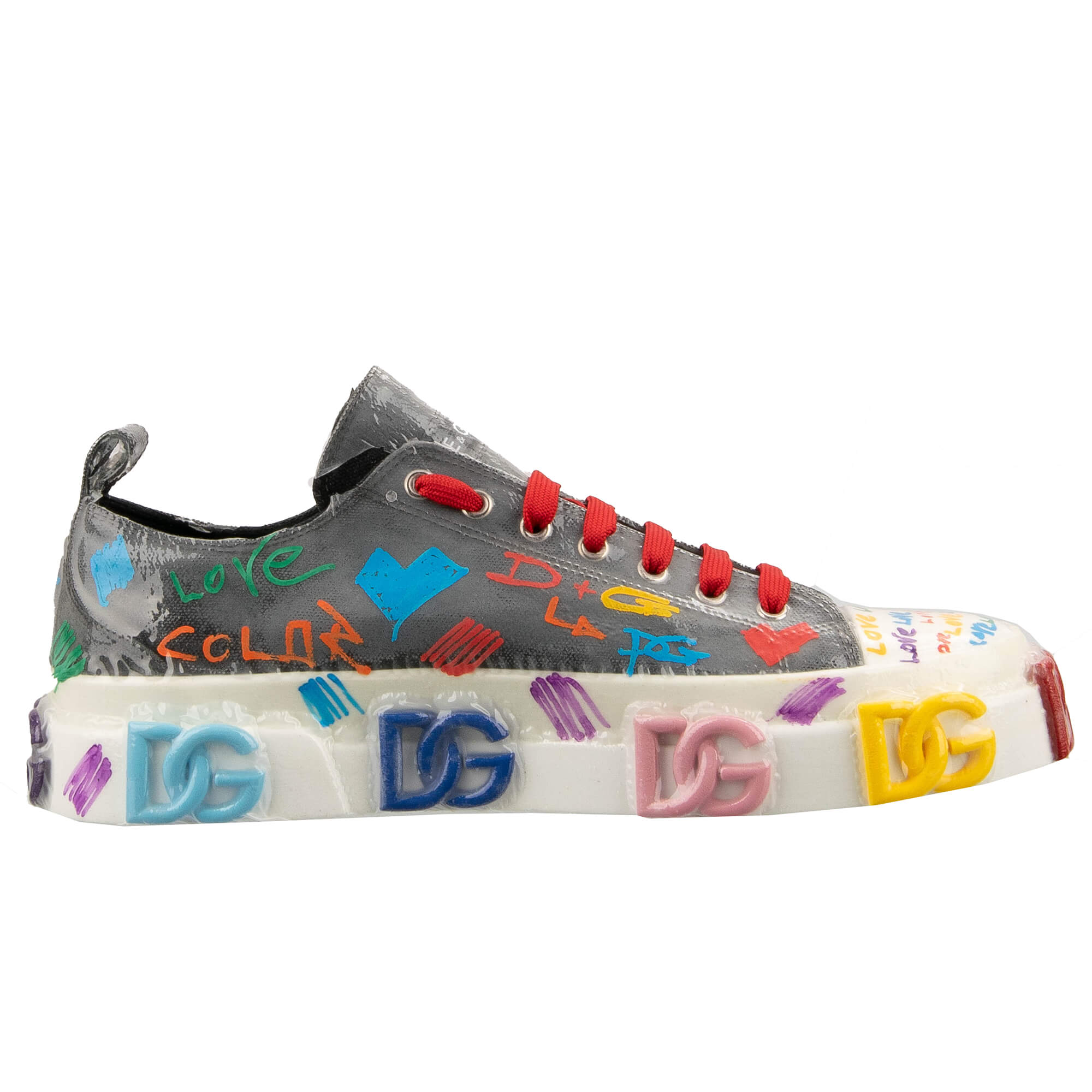 Graffiti Herren Low Top Stoff und Leder Sneaker PORTOFINO mit DG Gold Logo und Plastik Folie Design in Grau und Weiß von DOLCE & GABBANA