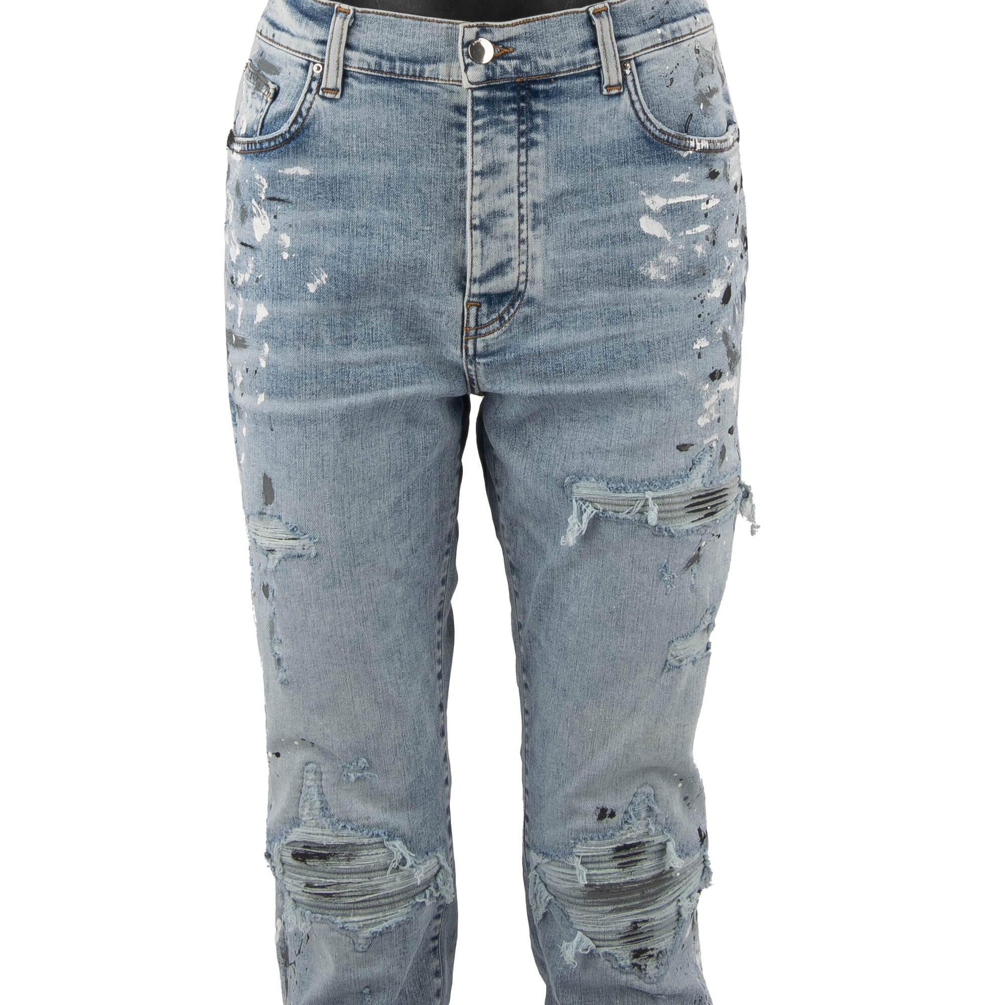 5-pockets Skinny Distressed Stretch Painter MX1 Jeans in Vintage Blue with unique color splashes and elastic inserts by AMIRI