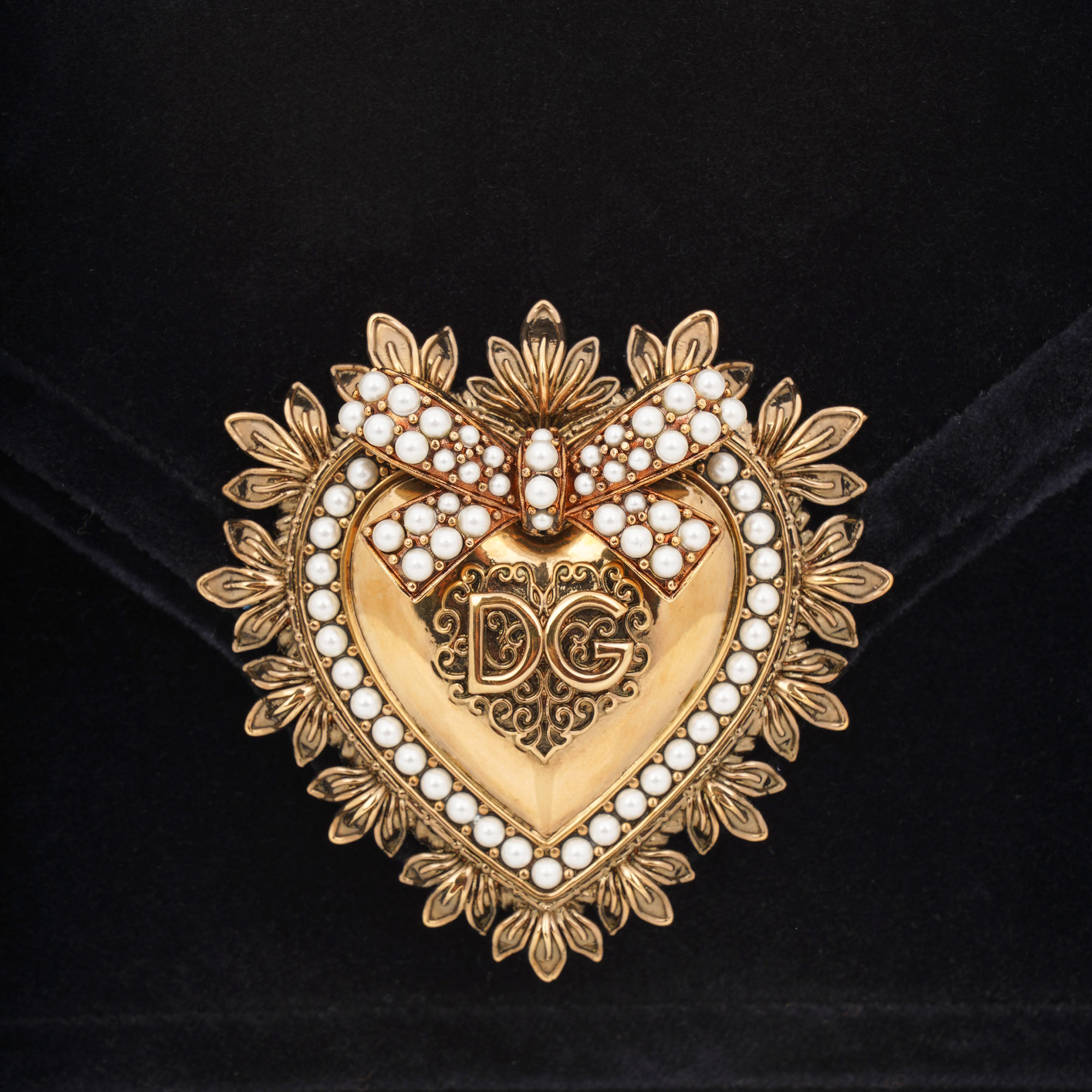 Top Handle / Crossbody Bag DEVOTION Small made of velvet with a jeweled heart buckle with DG Logo and detachable metal chain strap by DOLCE & GABBANA