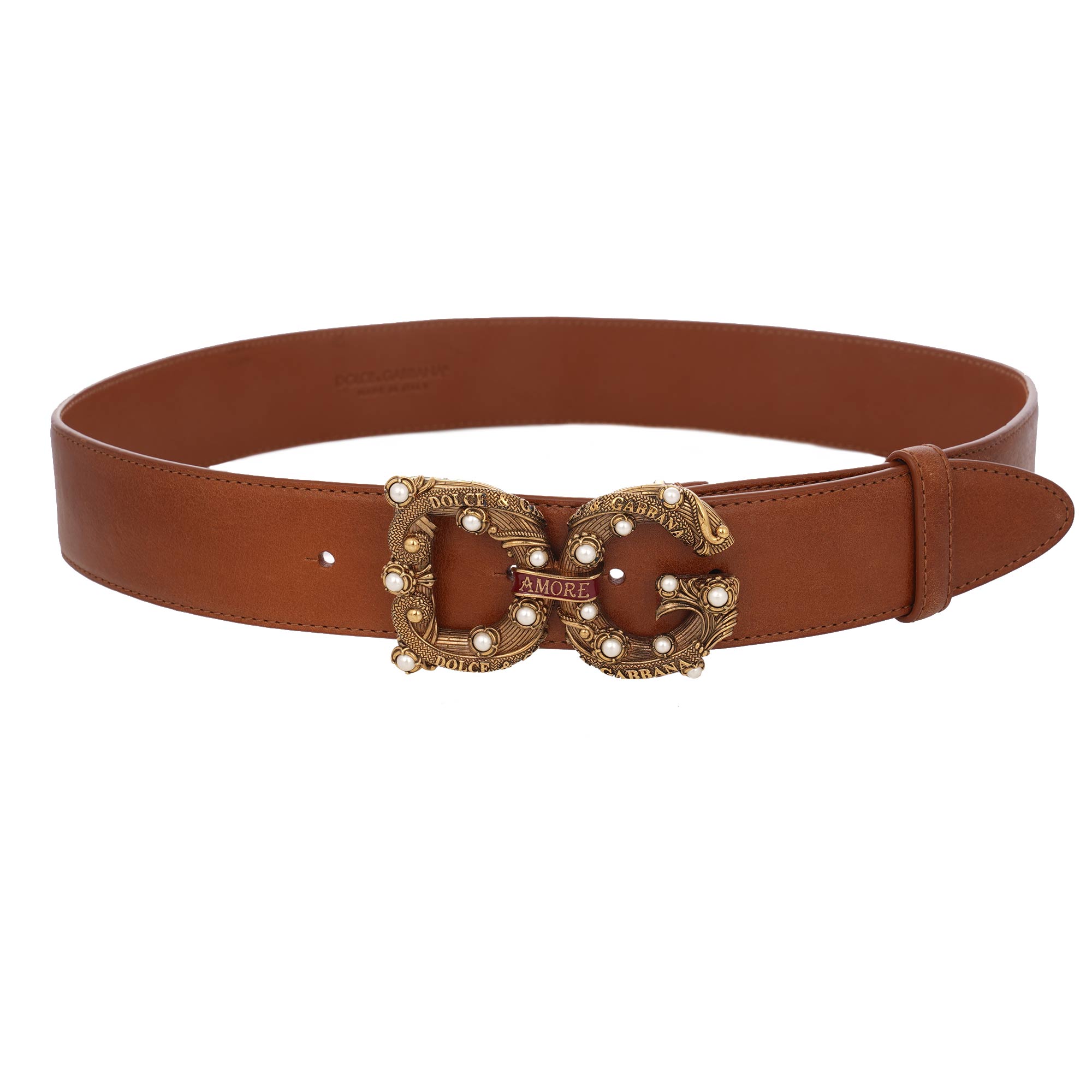 DG Amore Pearl Logo Leather Belt Brown Gold 80 32 S | 13107