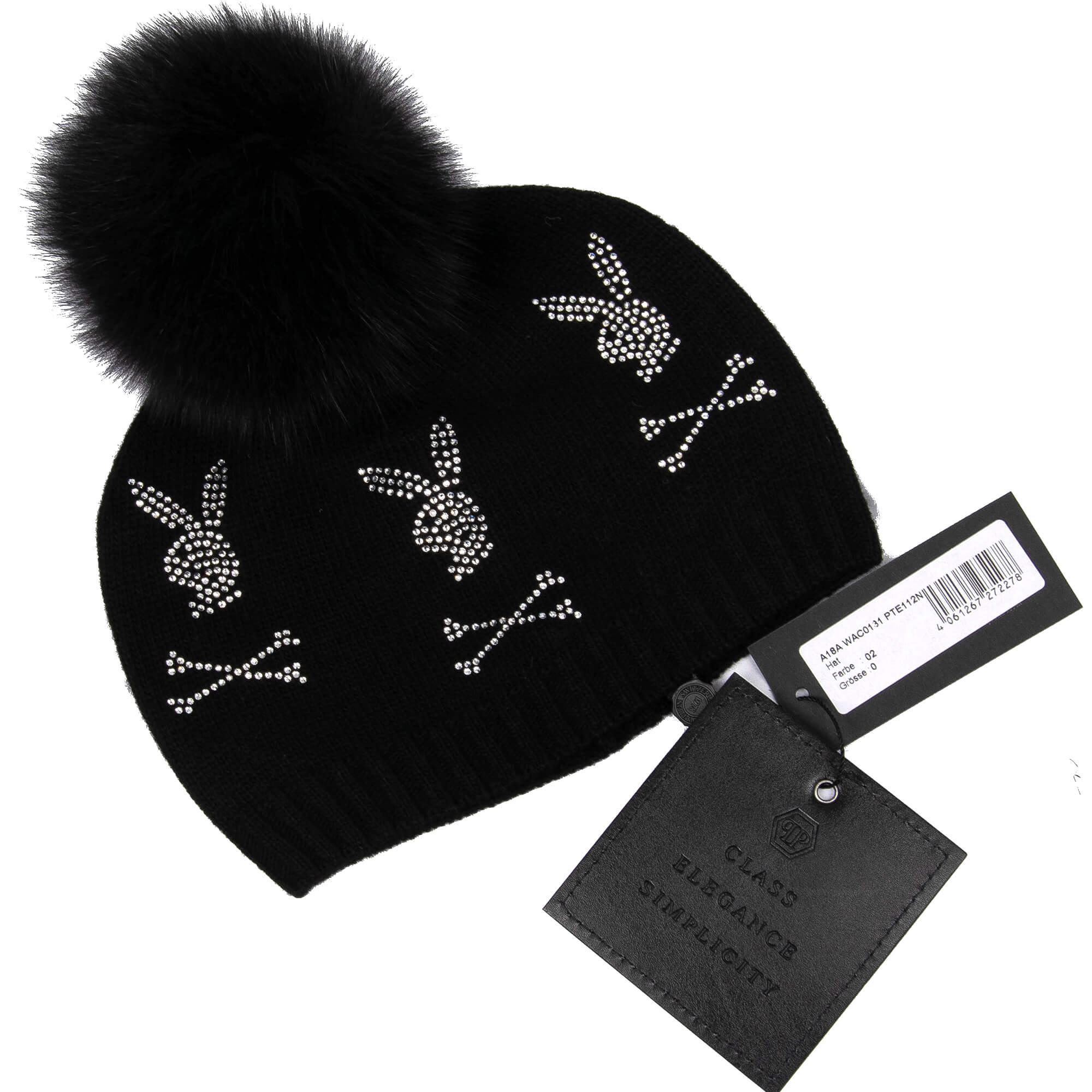 Wool and Cashmere blend knit beanie hat with six crystals Bunny Skull logos and fox fur pompon by PHILIPP PLEIN x PLAYBOY