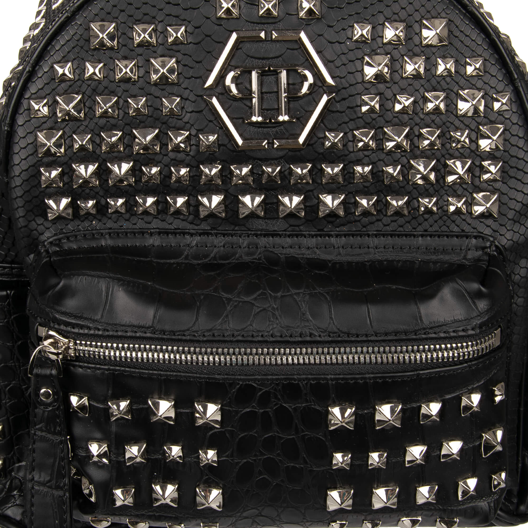 Studded PVC Backpack NOW with snake texture and logo plates by PHILIPP PLEIN