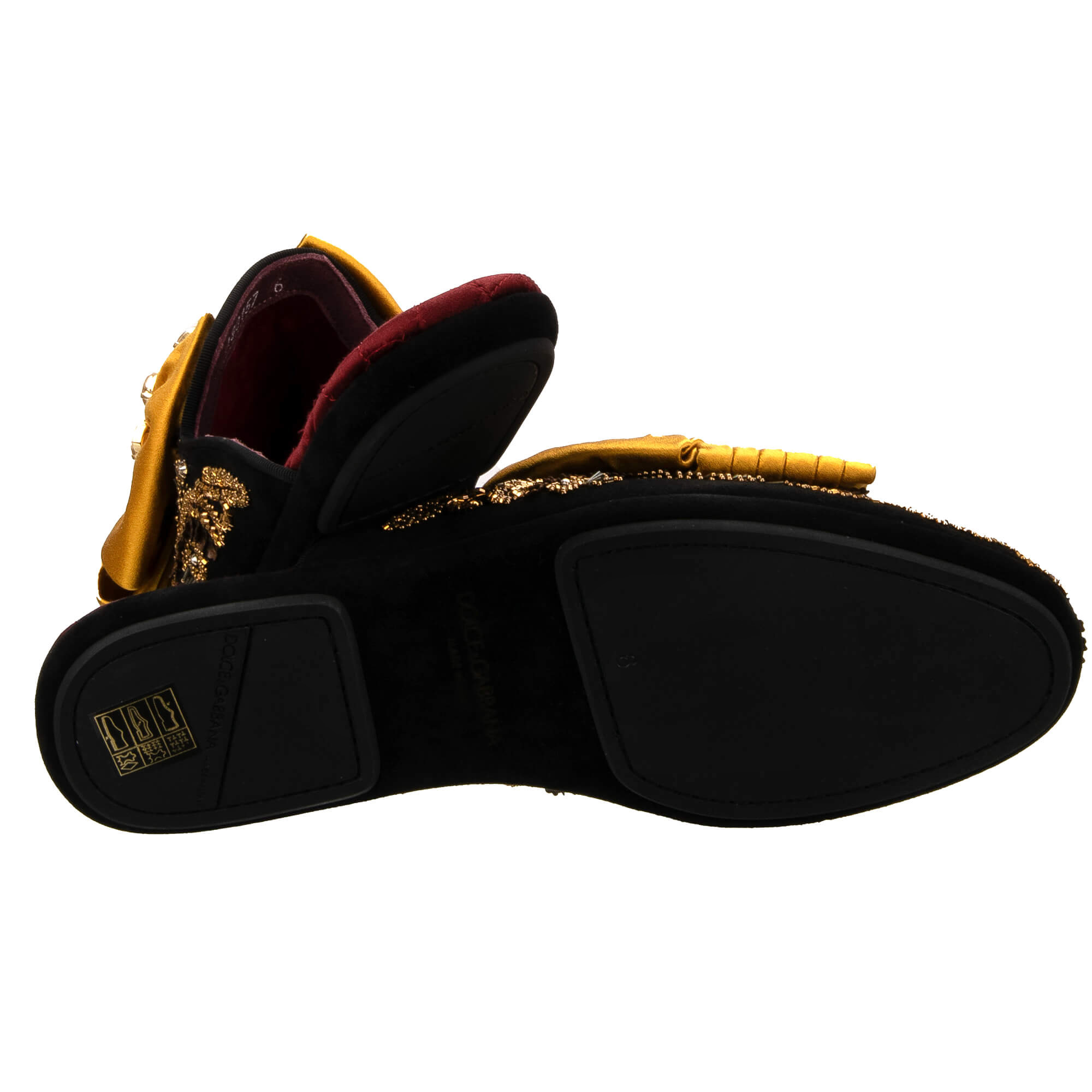 Suede leather slipper shoes MARCELLO with crystal brooch silk bow and pearl crystal embroidery in black and gold by DOLCE & GABBANA