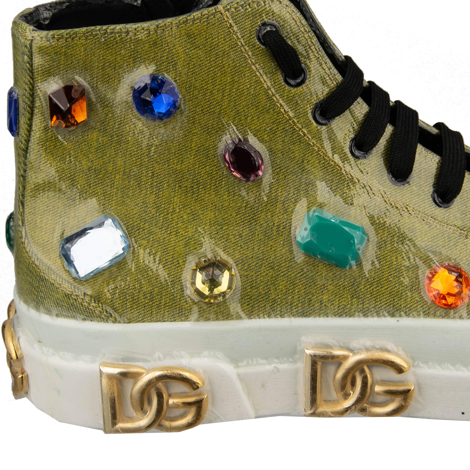High Top Denim Stoff und Leder Sneaker PORTOFINO mit DG Gold Logos und Kristallen in Grau und Weiß von DOLCE & GABBANA
