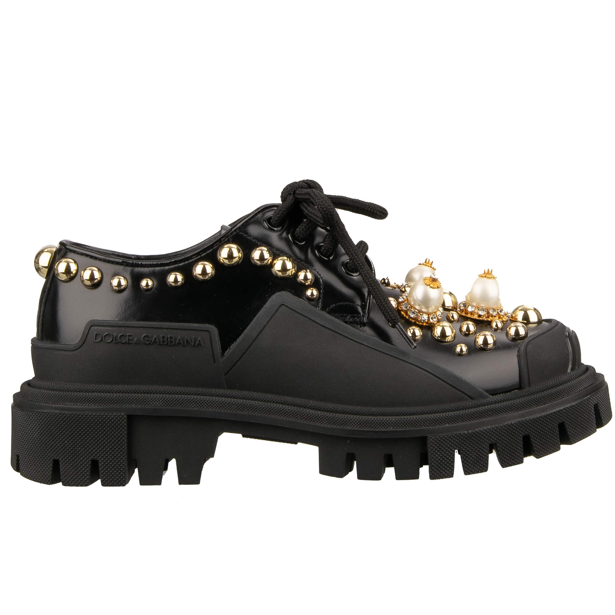 Classic leather shoes MILLENIALS with pointy toe shape and crystals embroidery in black by DOLCE & GABBANA