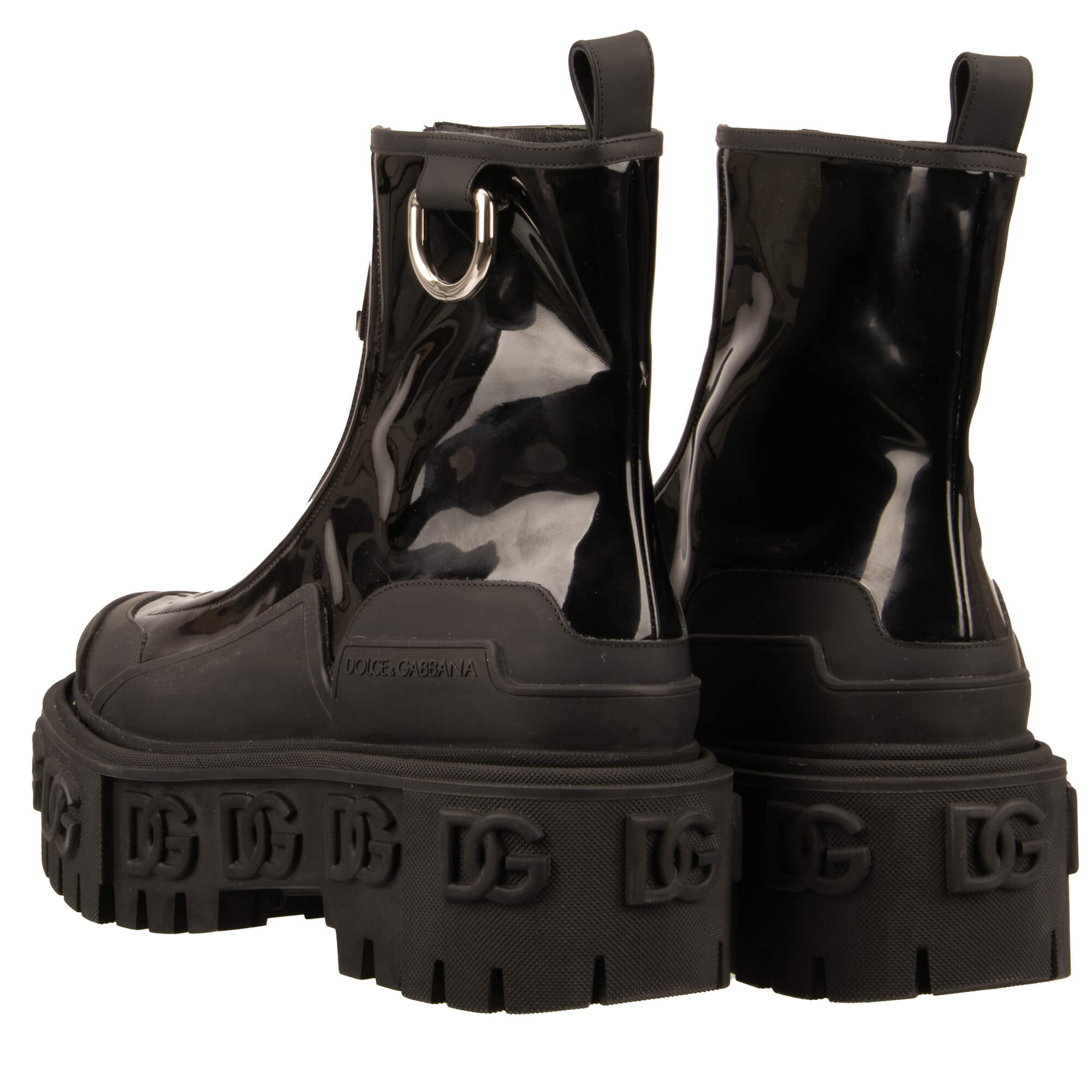 DG Logo Patent Leather Plateau Hi Trekking Boots Black Silver