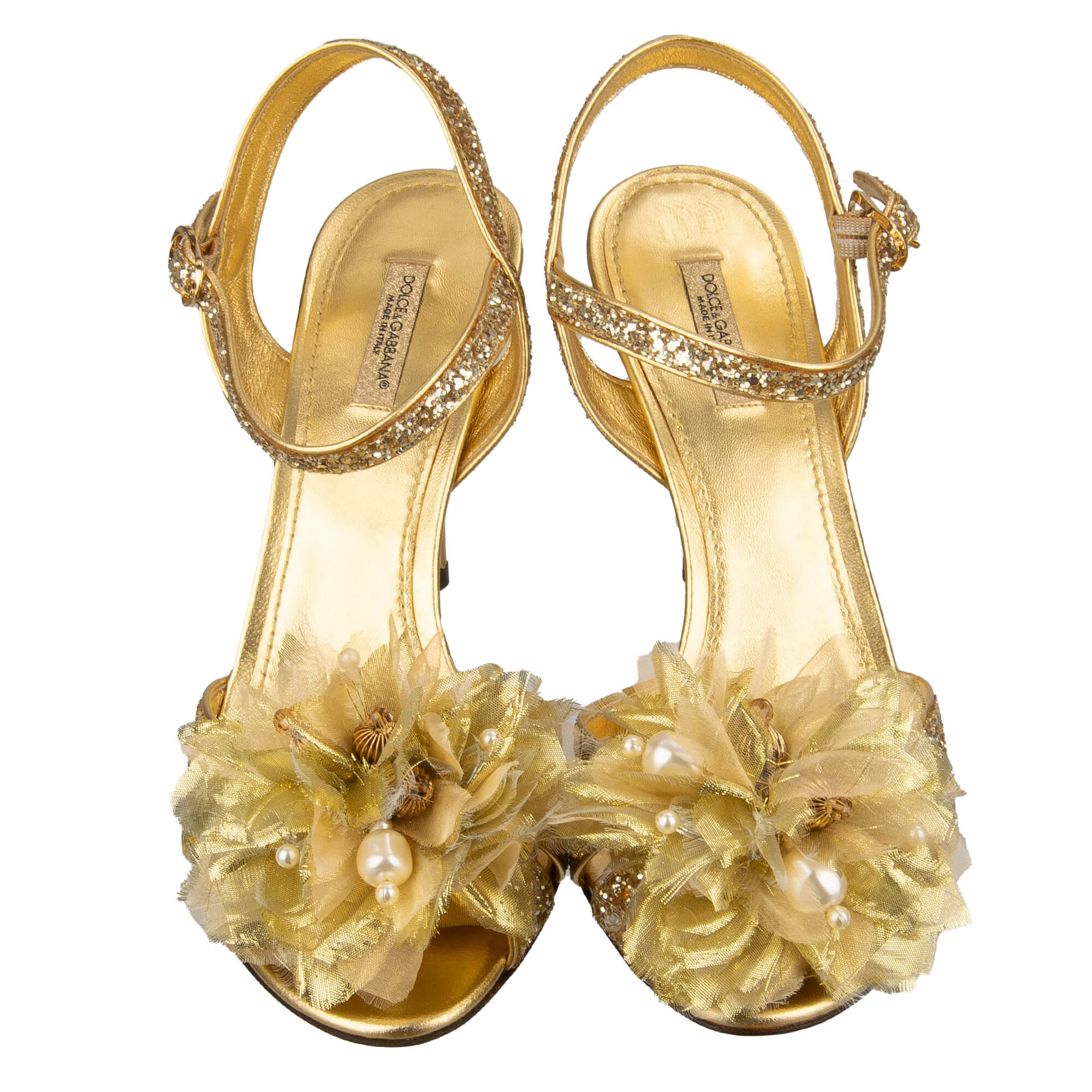 Glitzer Sandalen BIANCA mit Kristallen Perlen Blume Brosche in Gold von DOLCE & GABBANA 