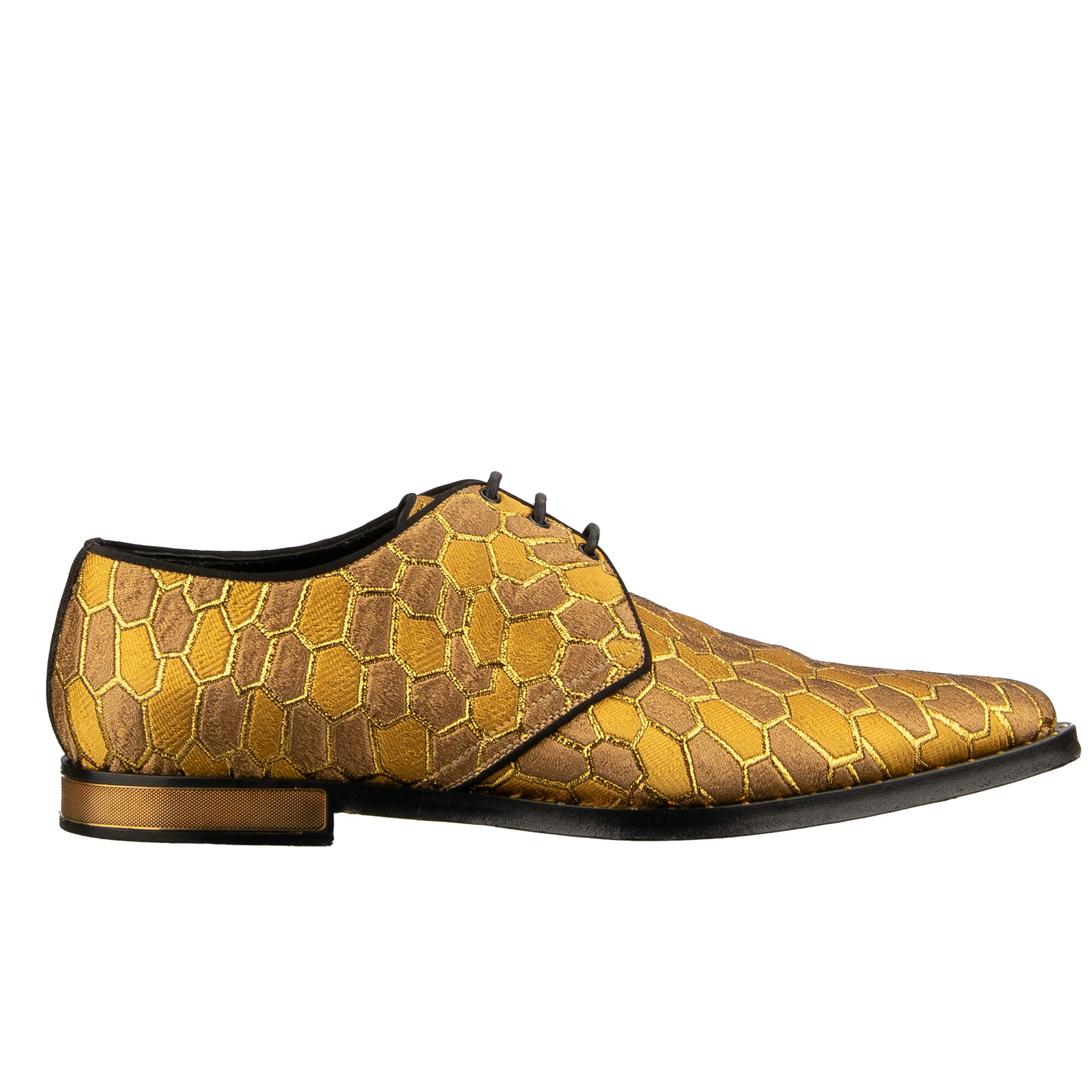 Unique pointed leather Derby Shoes MILLENNIALS with animal print embellished and metal plate with DG logo at the heel in gold and black by DOLCE & GABBANA