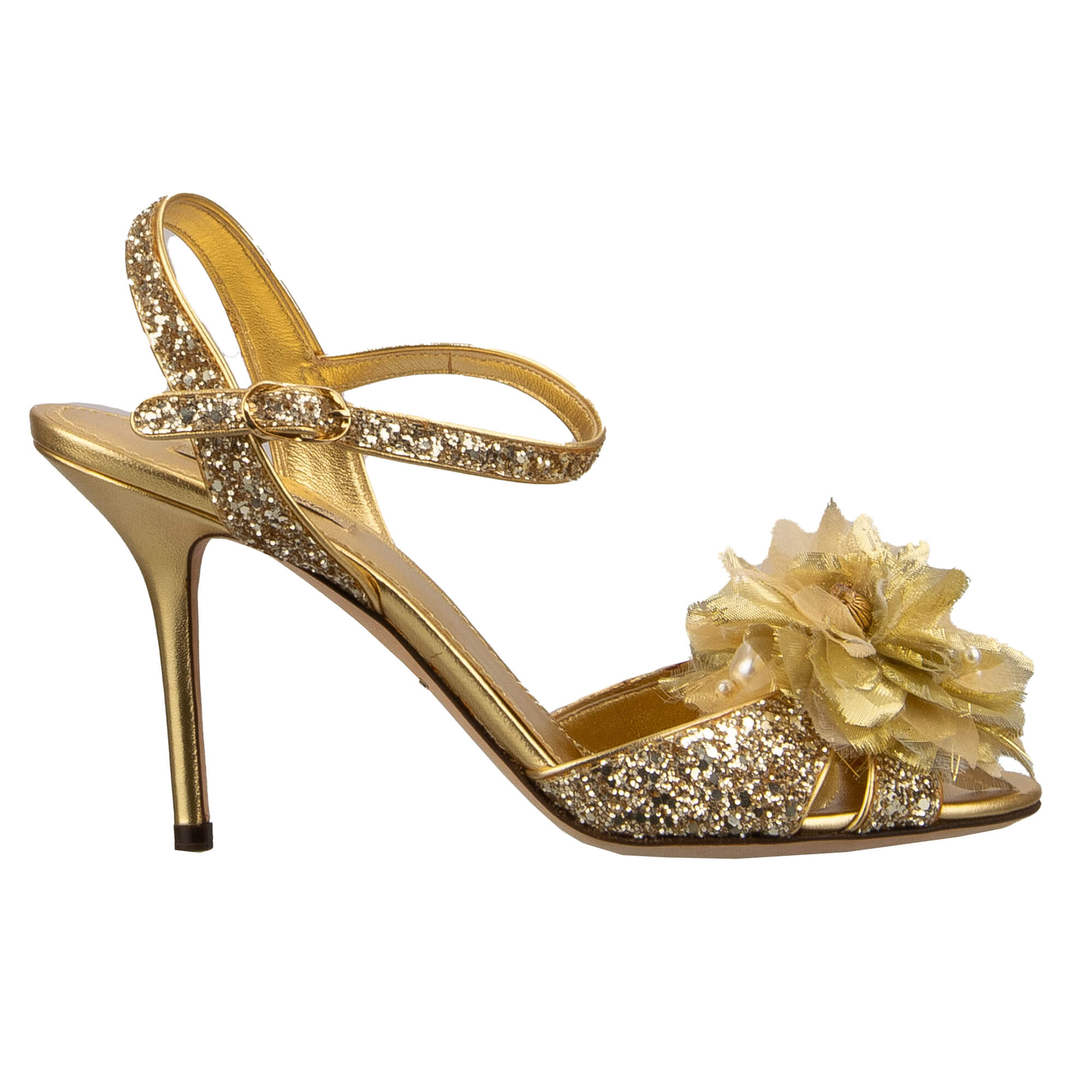 Glitzer Sandalen BIANCA mit Kristallen Perlen Blume Brosche in Gold von DOLCE & GABBANA 