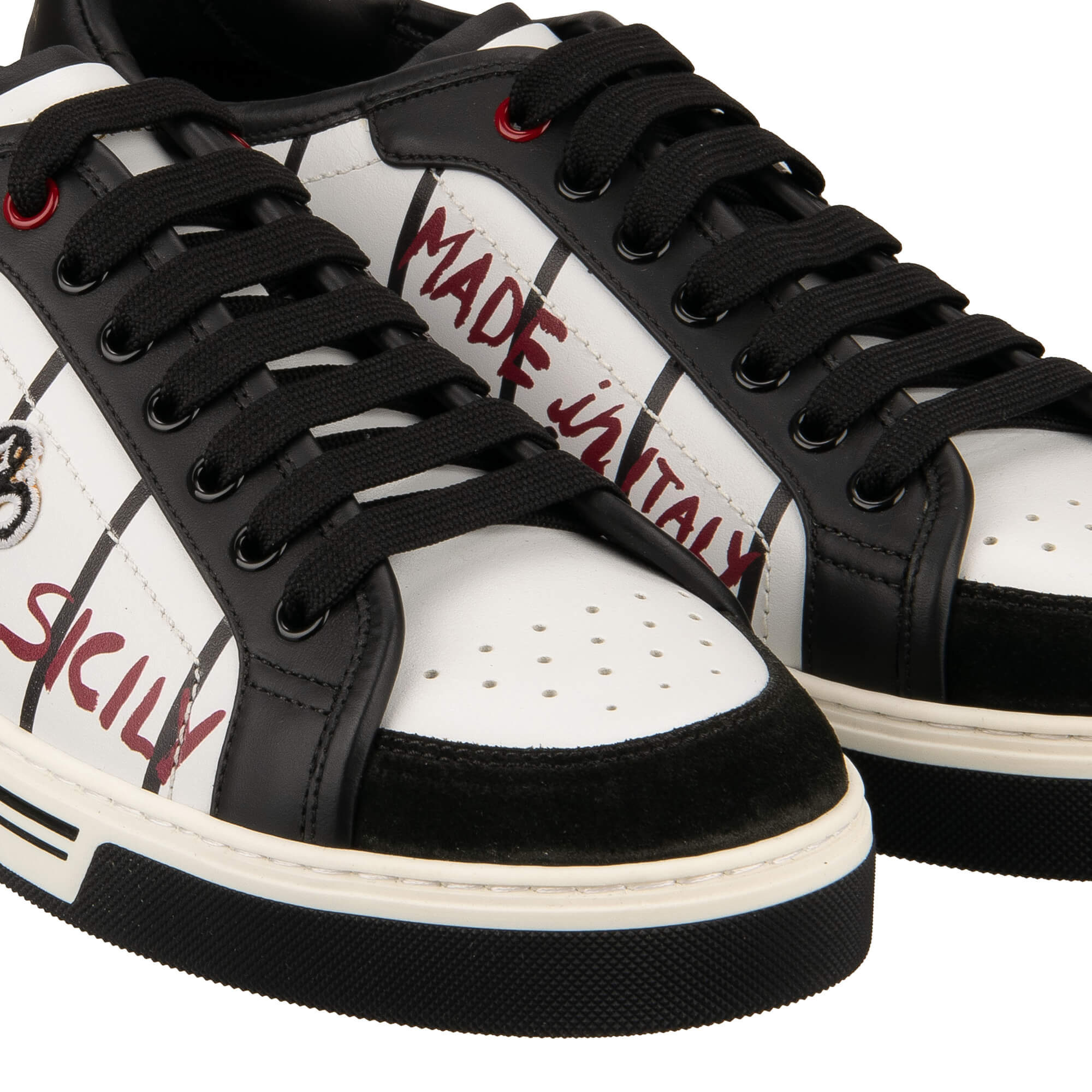 Low-Top Sneaker ROMA with The King farbic patchesand striped print in black and white by DOLCE & GABBANA