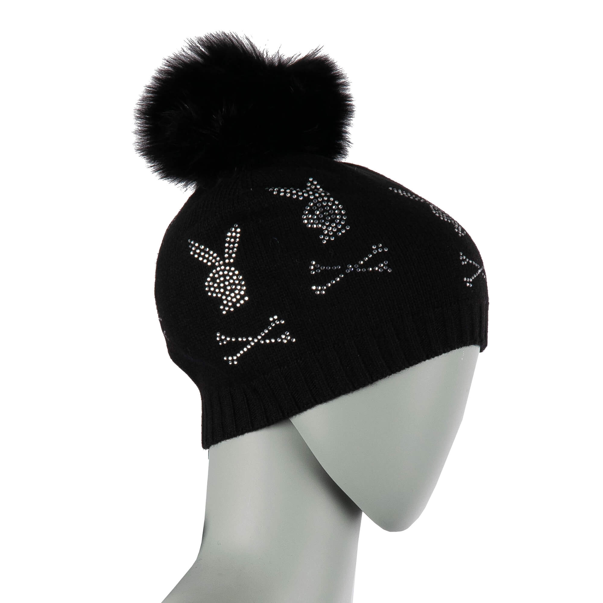 Wool and Cashmere blend knit beanie hat with six crystals Bunny Skull logos and fox fur pompon by PHILIPP PLEIN x PLAYBOY