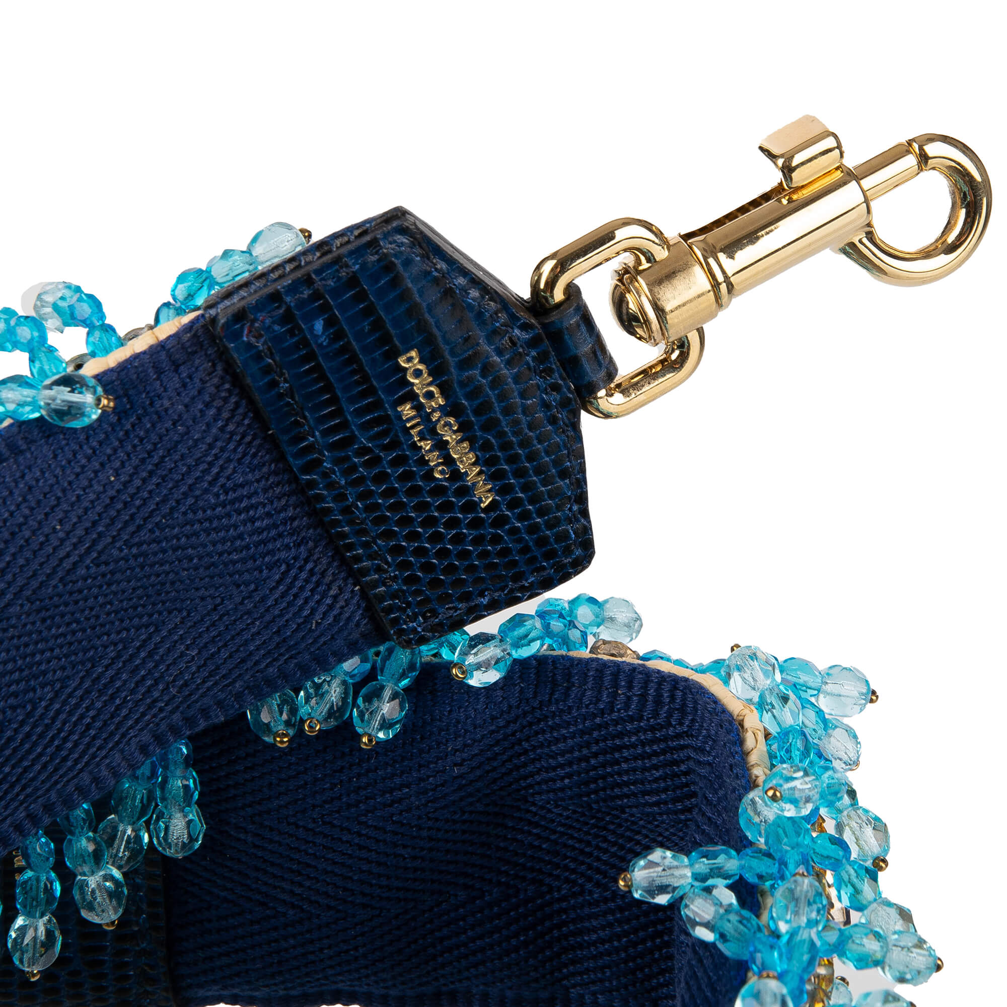 Schulterriemen für Tasche aus Baumwolle und Raffia in Blau und Gold verziert mit Perlen und Kristallen Handstickerei von DOLCE & GABBANA