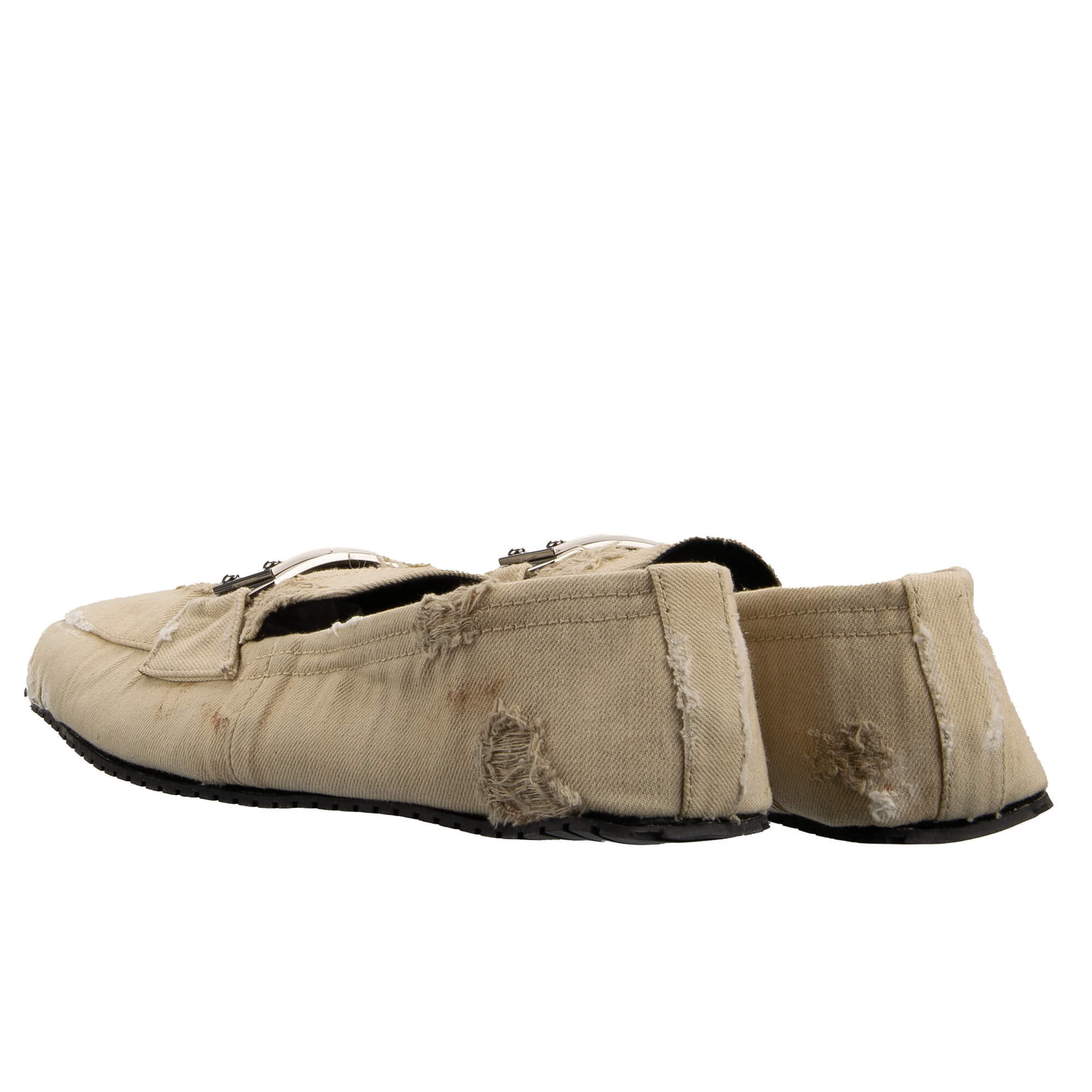 One of a kind destroyed effect denim fabric moccasins shoes NEW ZERO with DG Metal Logo Plate in beige by DOLCE & GABBANA