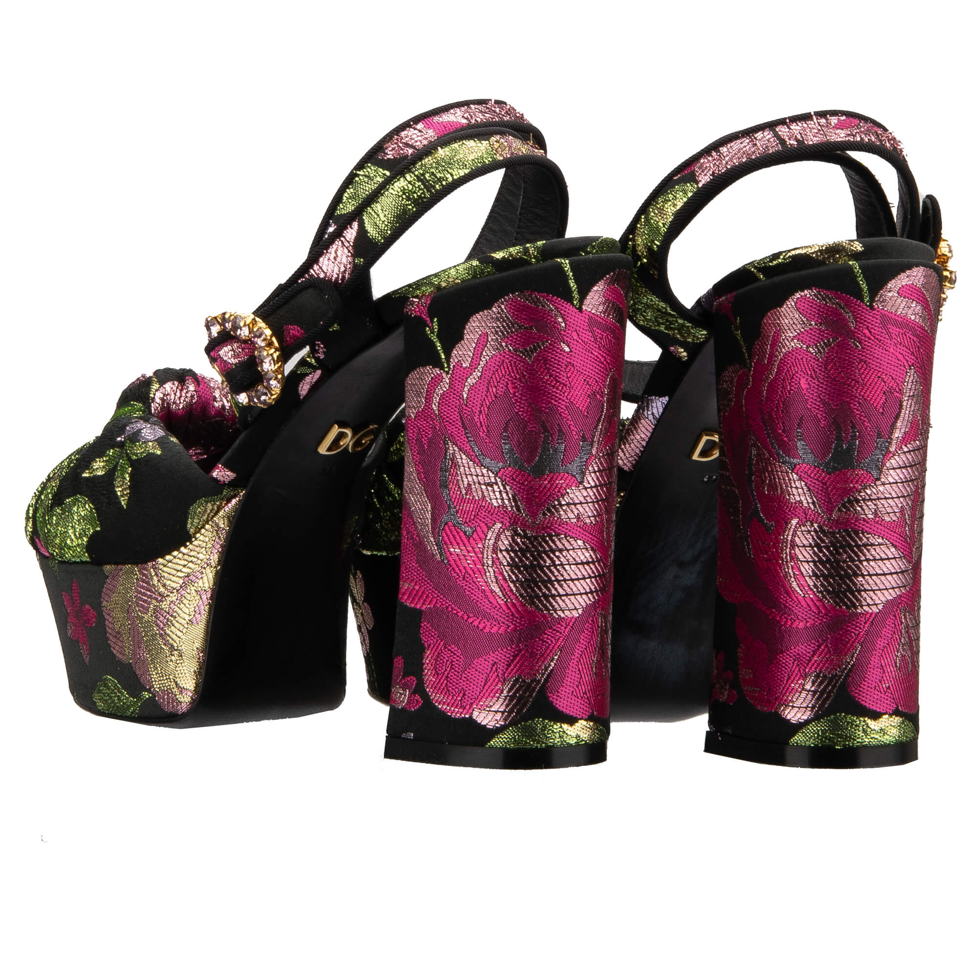 Flower Jacquard Plateau Leather Sandals KEIRA with crystal buckle in black, pink and green by DOLCE & GABBANA