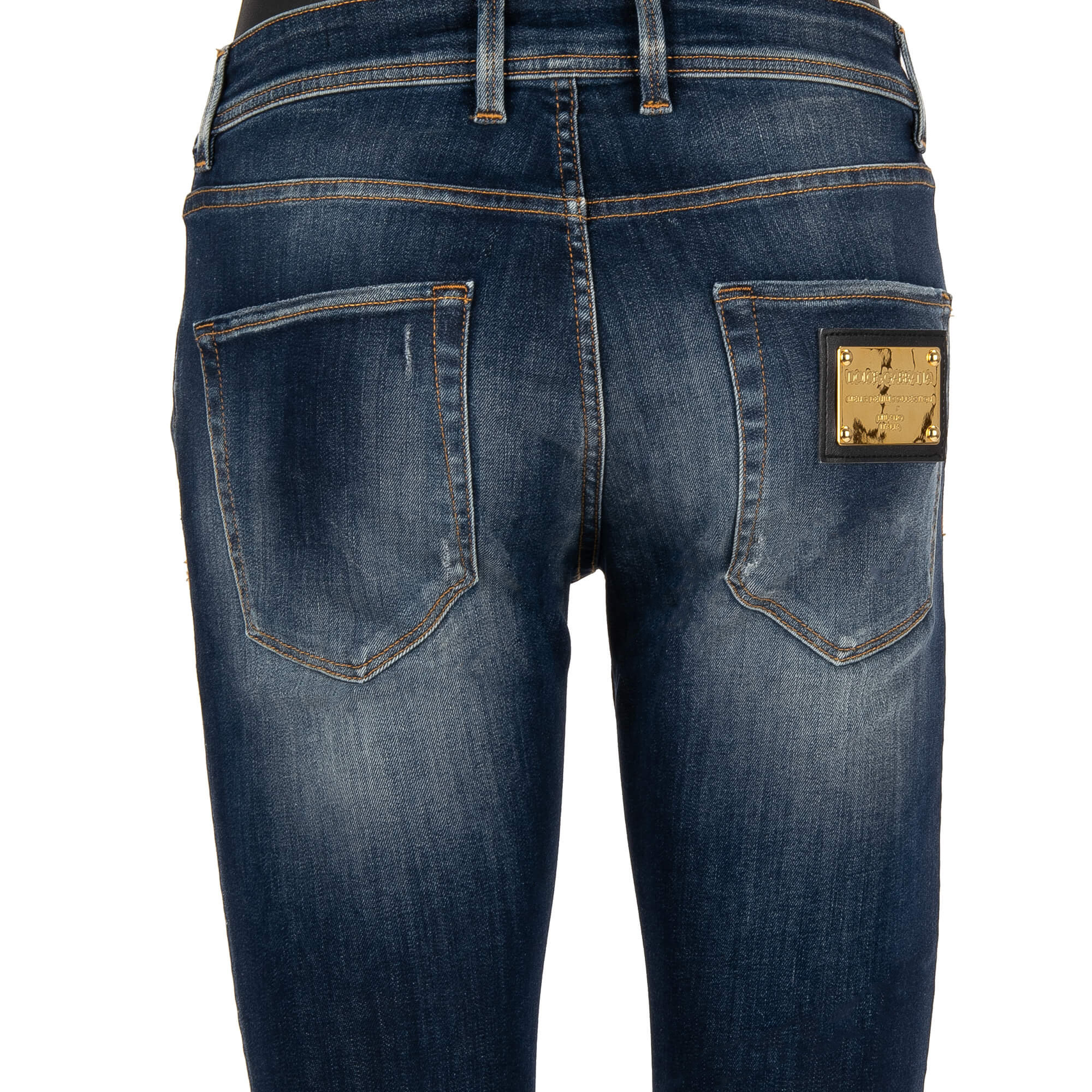 Distressed Metal Logo Plate Jeans Pants Slim Blue Gold 46 S